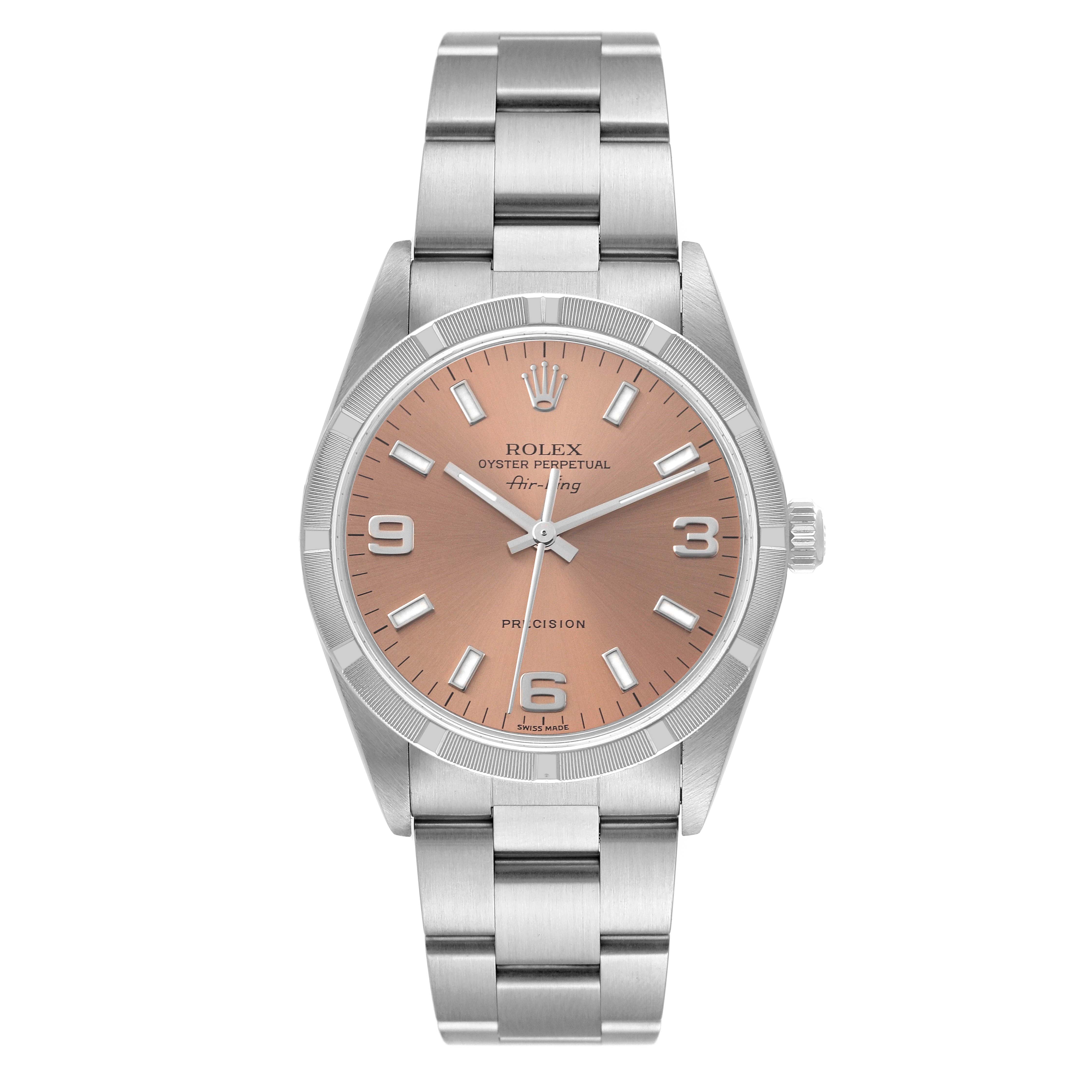 The image shows a frontal view of a Rolex Air-King 14010 Men's Stainless Steel Pink Dial 14010 Men's Stainless Steel Pink Dial watch, featuring its dial, bezel, crown, and bracelet.