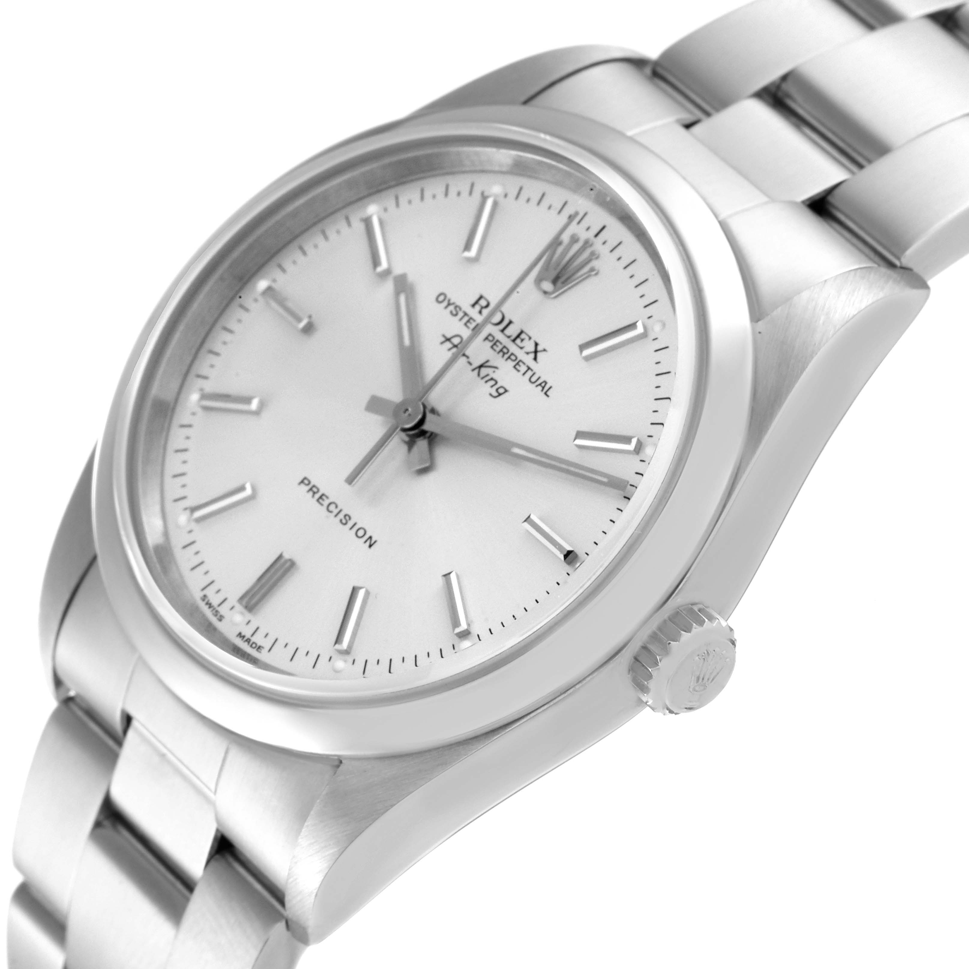 The image shows a close-up, angled view of the Rolex Air-King 14000 Men's Stainless Steel Silver Dial 14000 Men's Stainless Steel Silver Dial watch, highlighting the dial, crown, and partial bracelet.