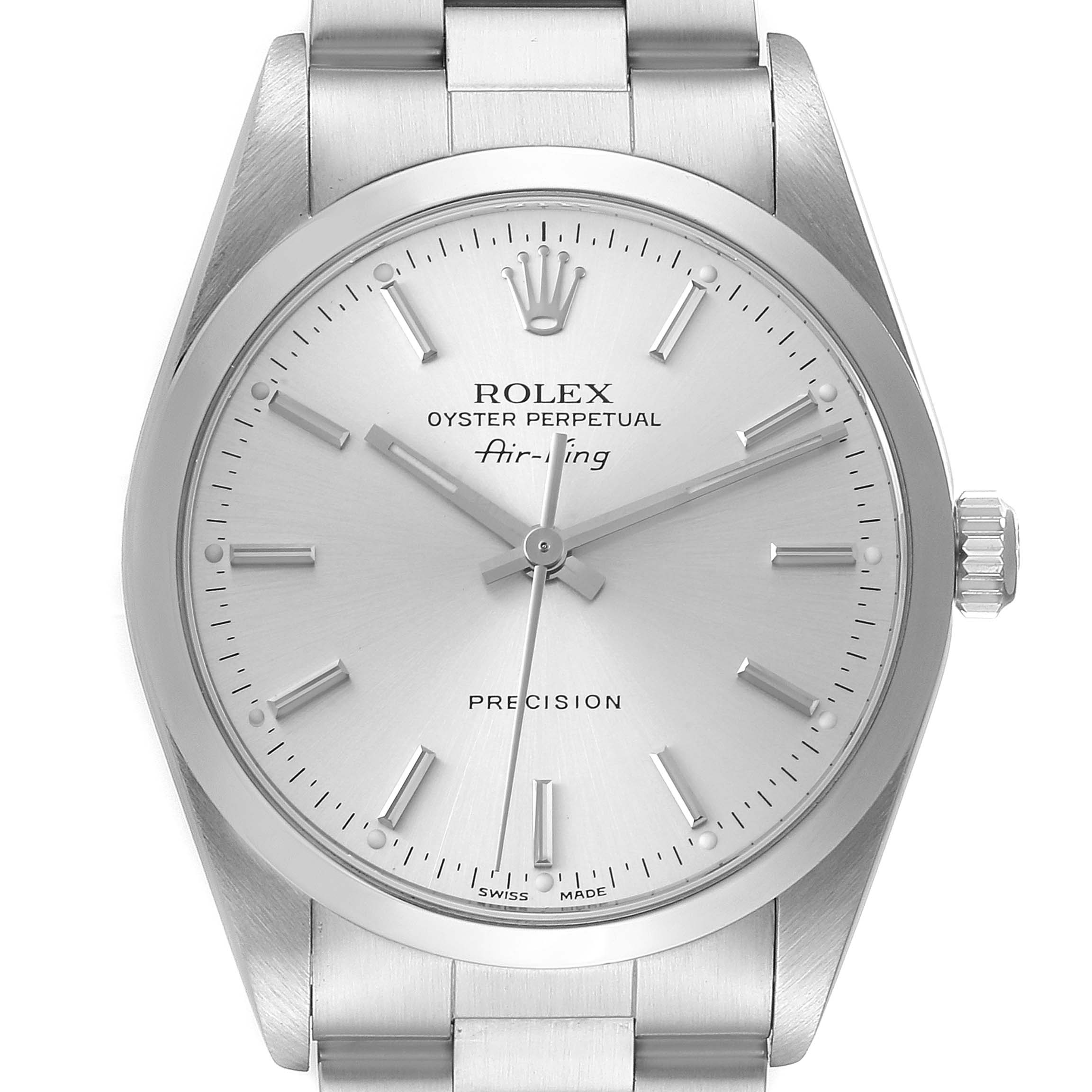 This image shows a front-facing angle of the Rolex Air-King 14000 Men's Stainless Steel Silver Dial 14000 Men's Stainless Steel Silver Dial watch, highlighting the dial, hands, and part of the bracelet.