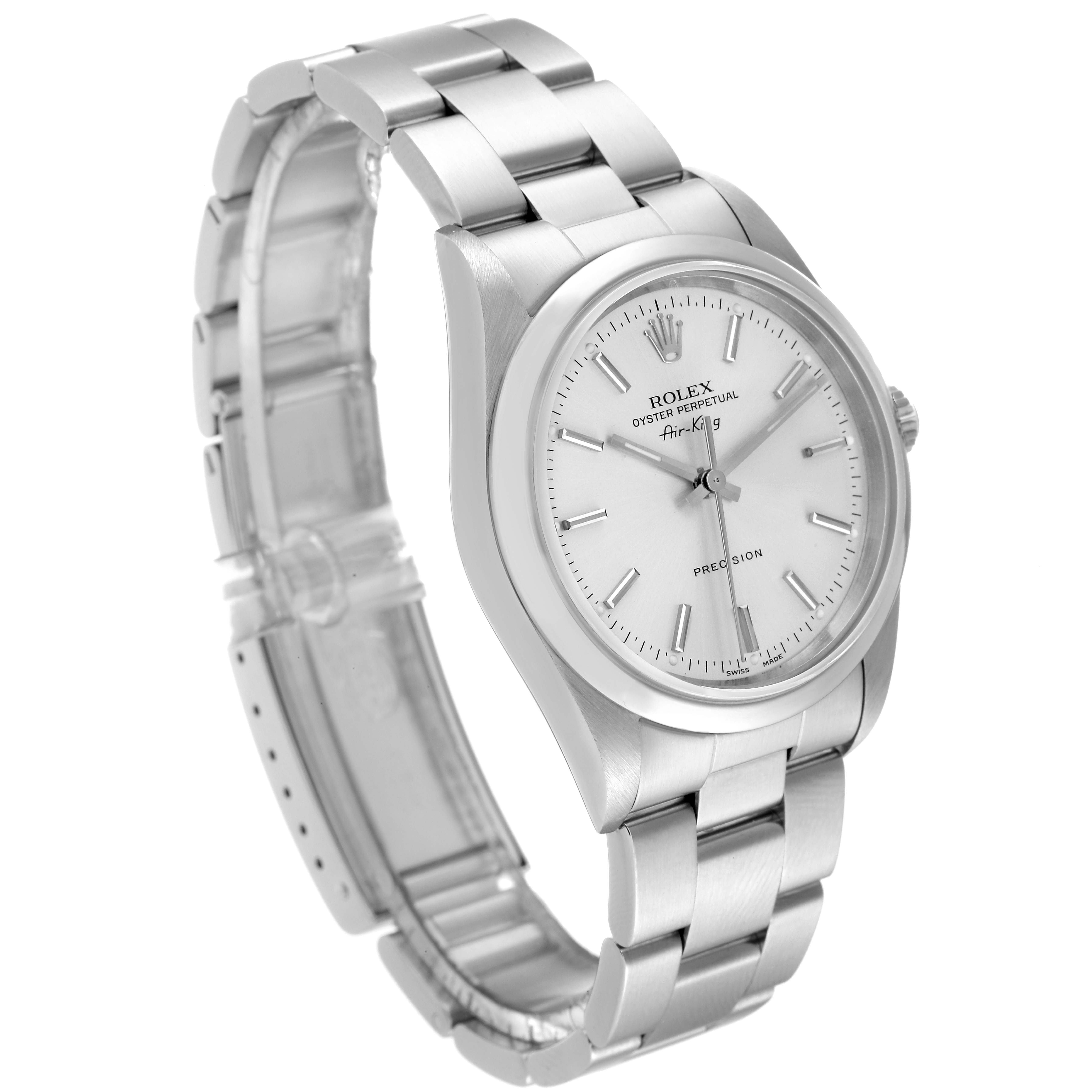 The image shows a side angle view of the Rolex Air-King 14000 Men's Stainless Steel Silver Dial 14000 Men's Stainless Steel Silver Dial watch, highlighting the bracelet, case, and dial.