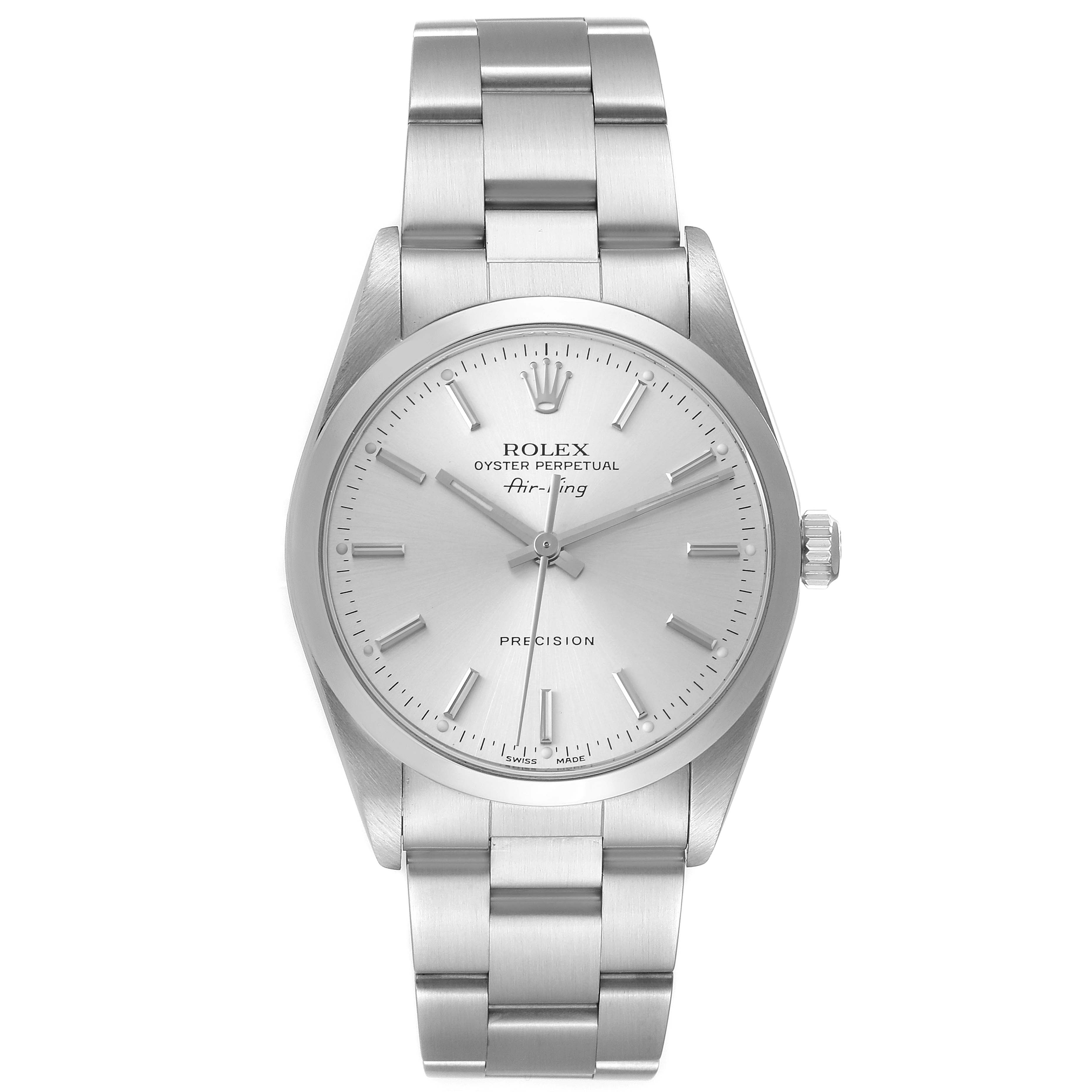 The image shows a front-facing view of a Rolex Air-King 14000 Men's Stainless Steel Silver Dial 14000 Men's Stainless Steel Silver Dial watch, displaying the dial, hour markers, hands, and bracelet.