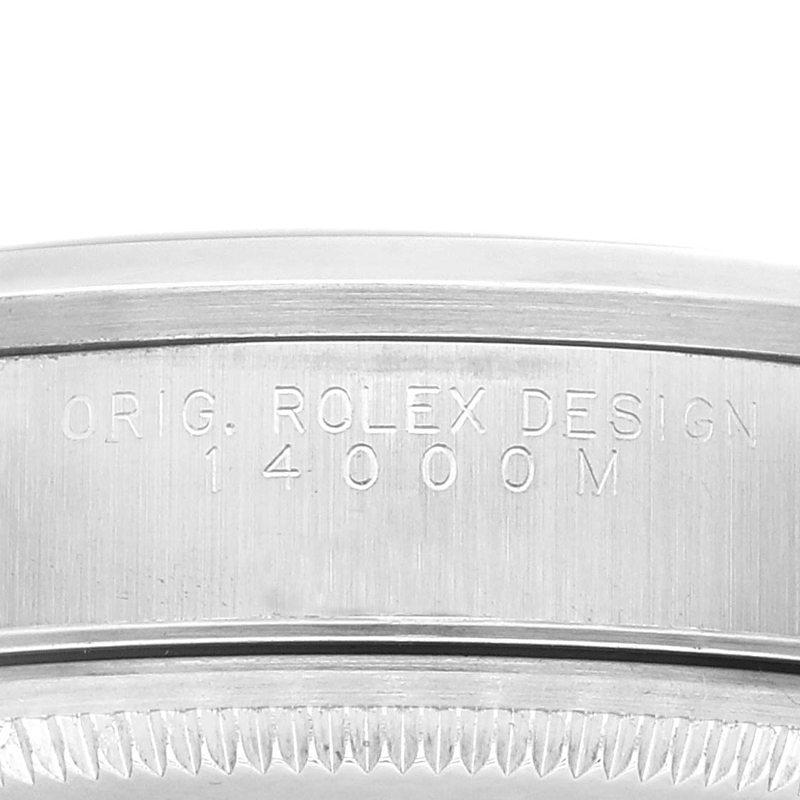 The image shows a close-up of a Rolex Air-King 14000 Men's Stainless Steel Black Dial 14000 Men's Stainless Steel Black Dial watch's case edge, displaying the engraved model number "14000M".