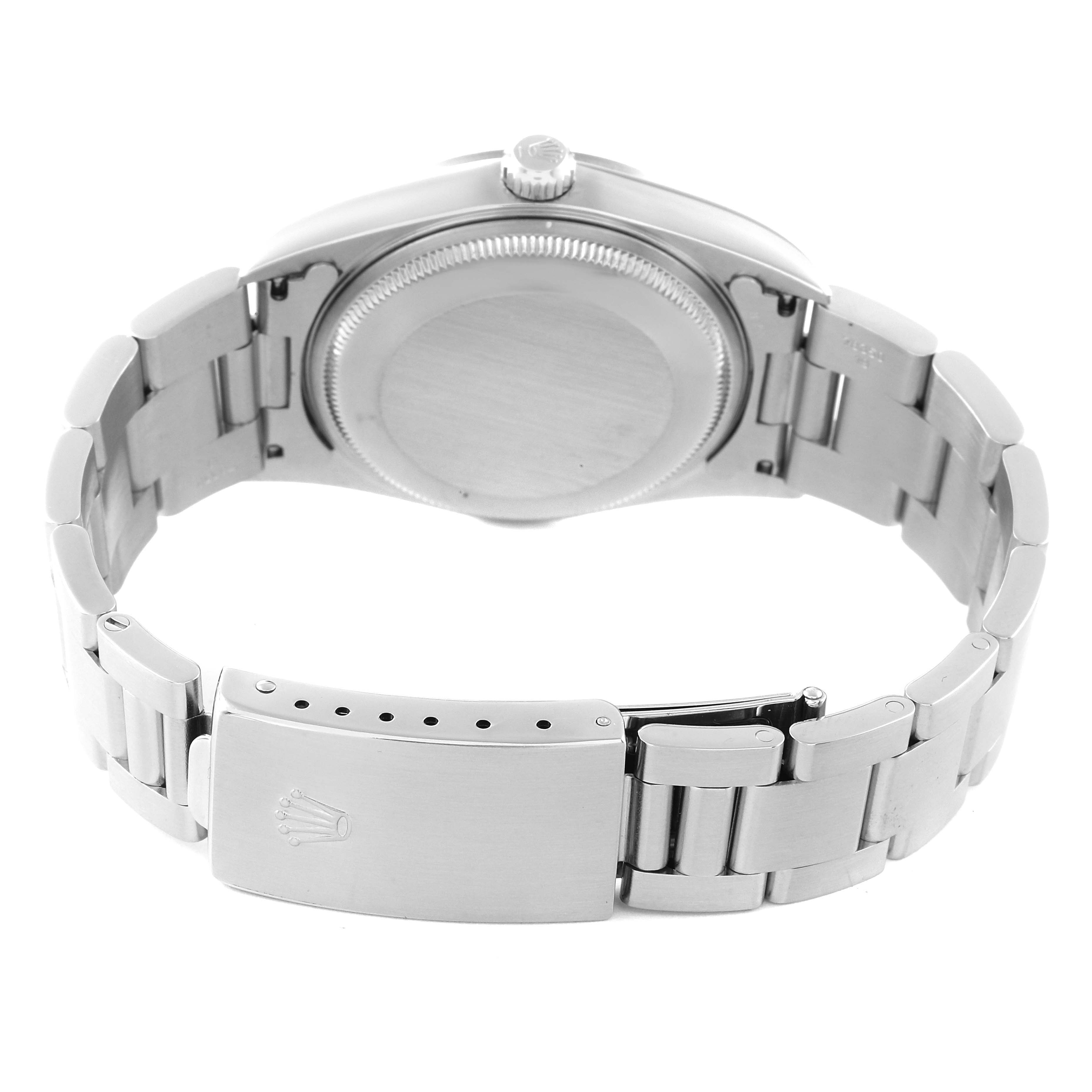 This is a rear view of the Rolex Air-King 14000 Men's Stainless Steel Black Dial 14000 Men's Stainless Steel Black Dial showing the clasp, bracelet, and caseback.