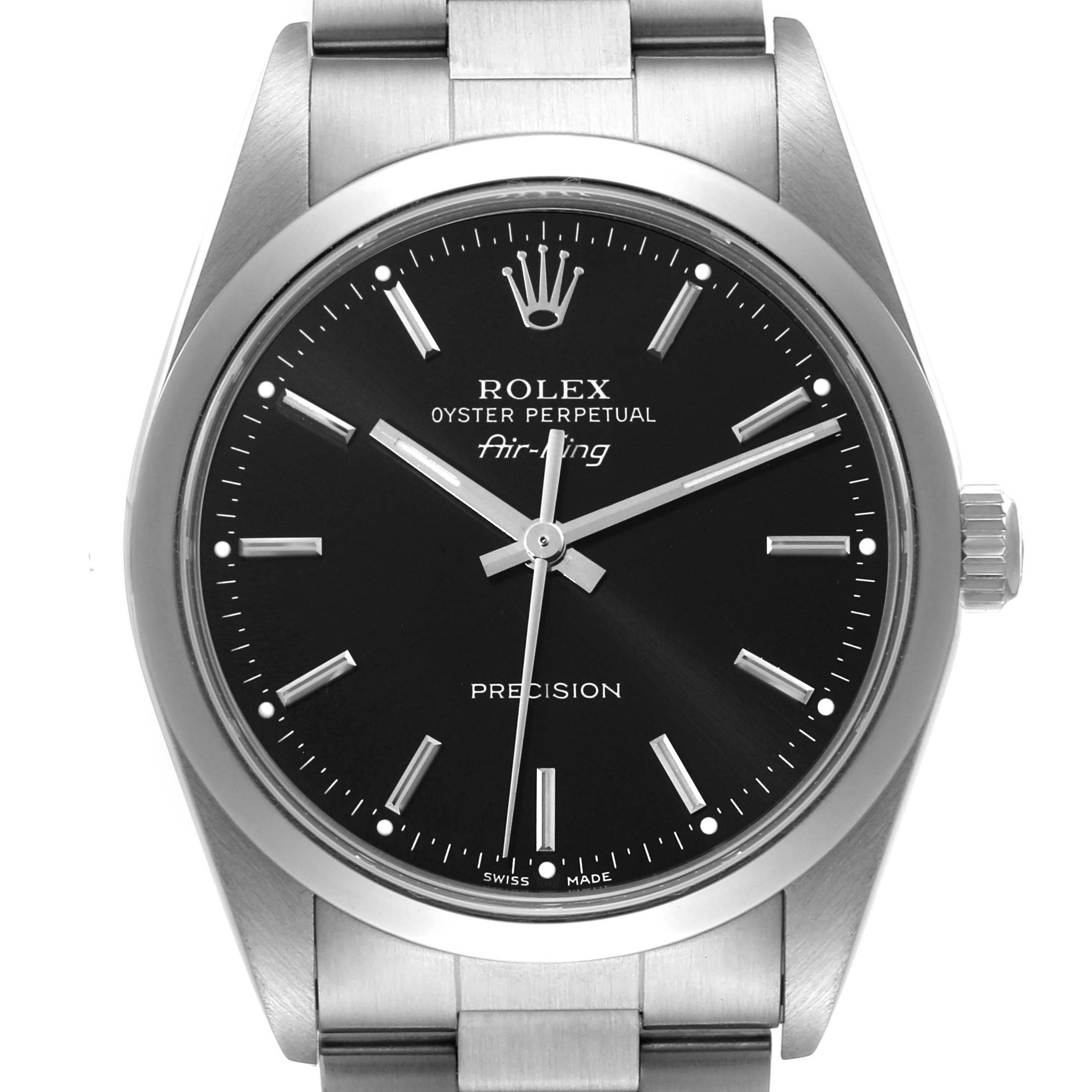 The image shows a front view of a Rolex Air-King 14000 Men's Stainless Steel Black Dial 14000 Men's Stainless Steel Black Dial watch, displaying the dial, hour markers, and crown.