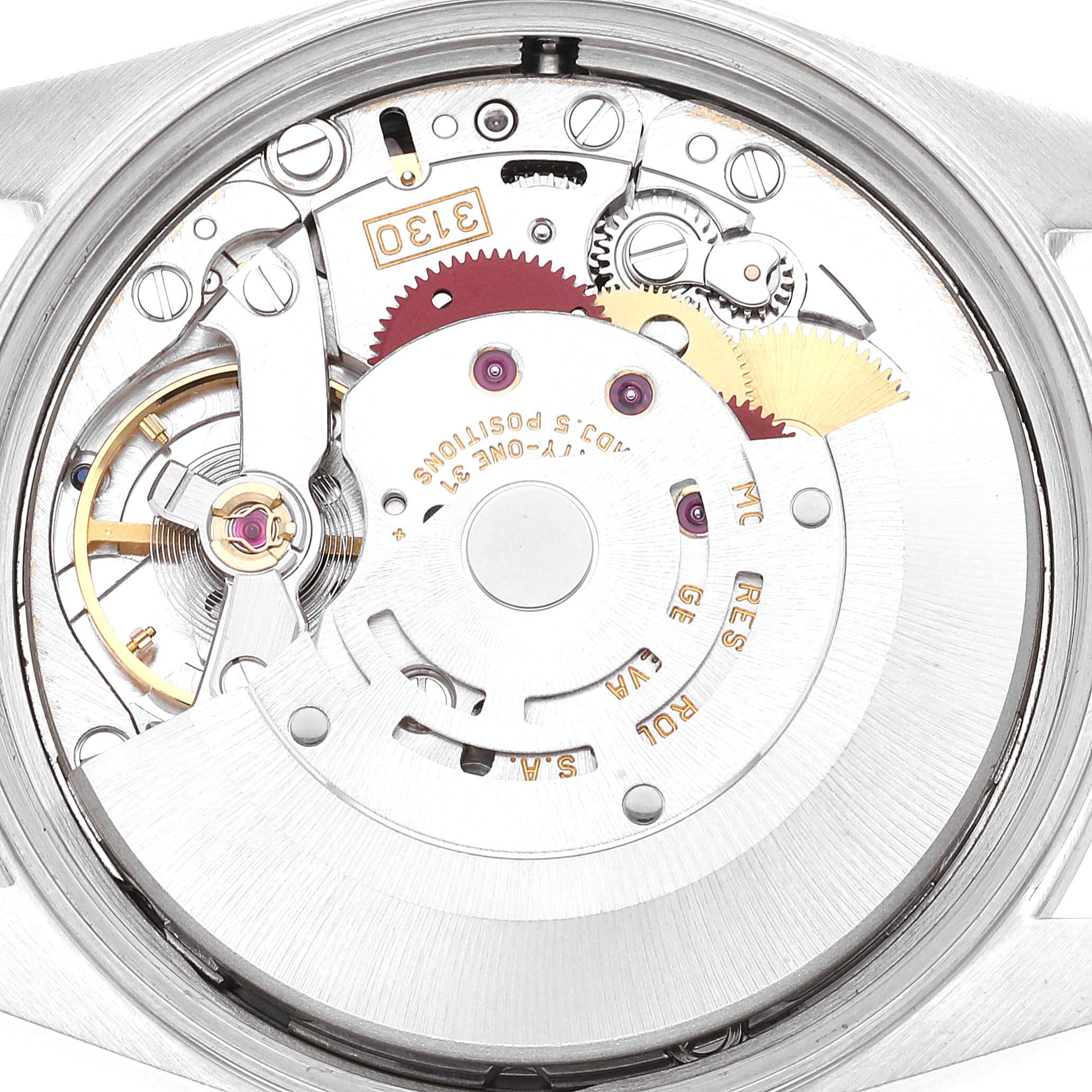 This image shows the internal mechanical movement of the Rolex Air-King 14000 Men's Stainless Steel Black Dial 14000 Men's Stainless Steel Black Dial watch from a top-down angle.