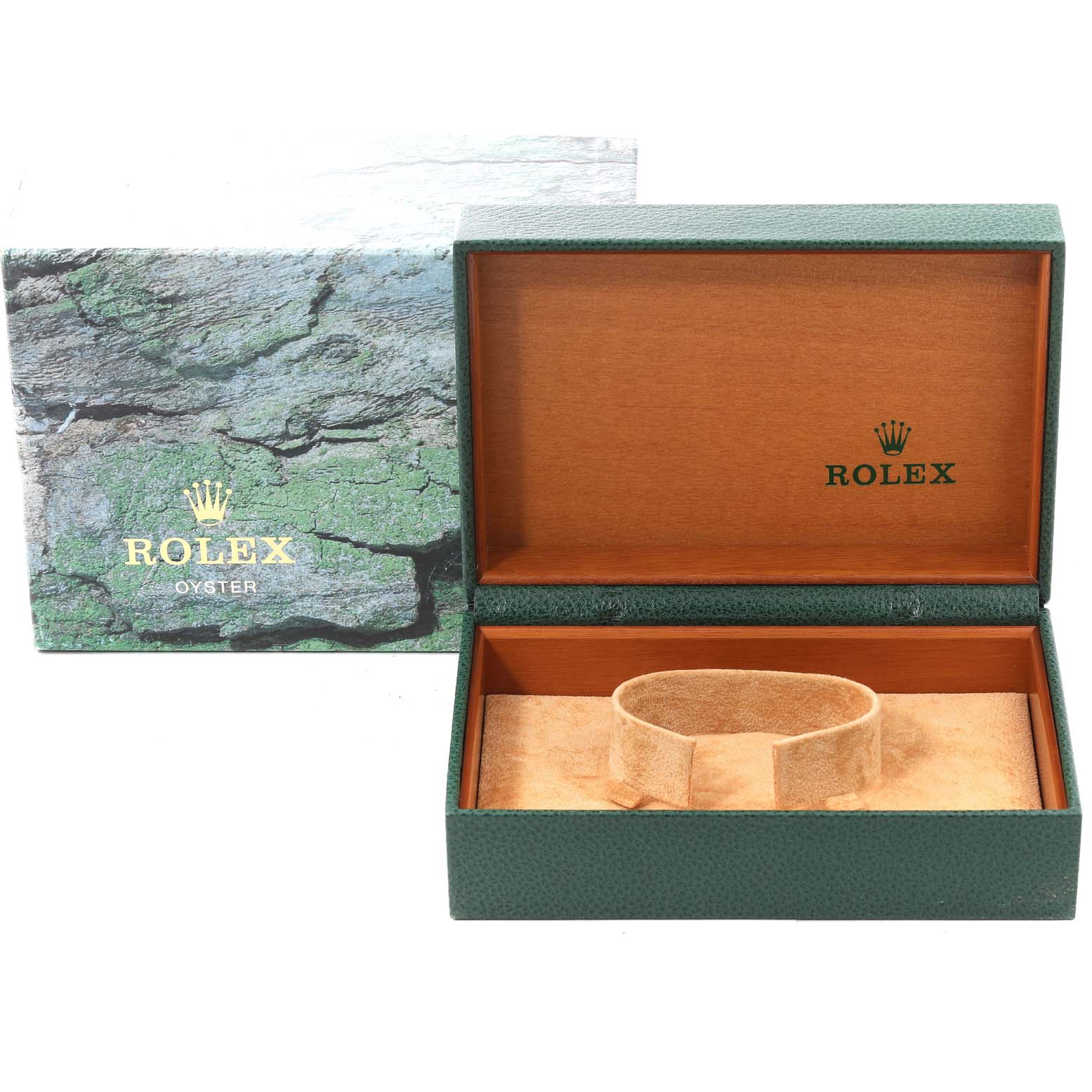 The image shows an open green Rolex Air-King 14000 Men's Stainless Steel Black Dial 14000 Men's Stainless Steel Black Dial box, with an outer protective box seen behind it.