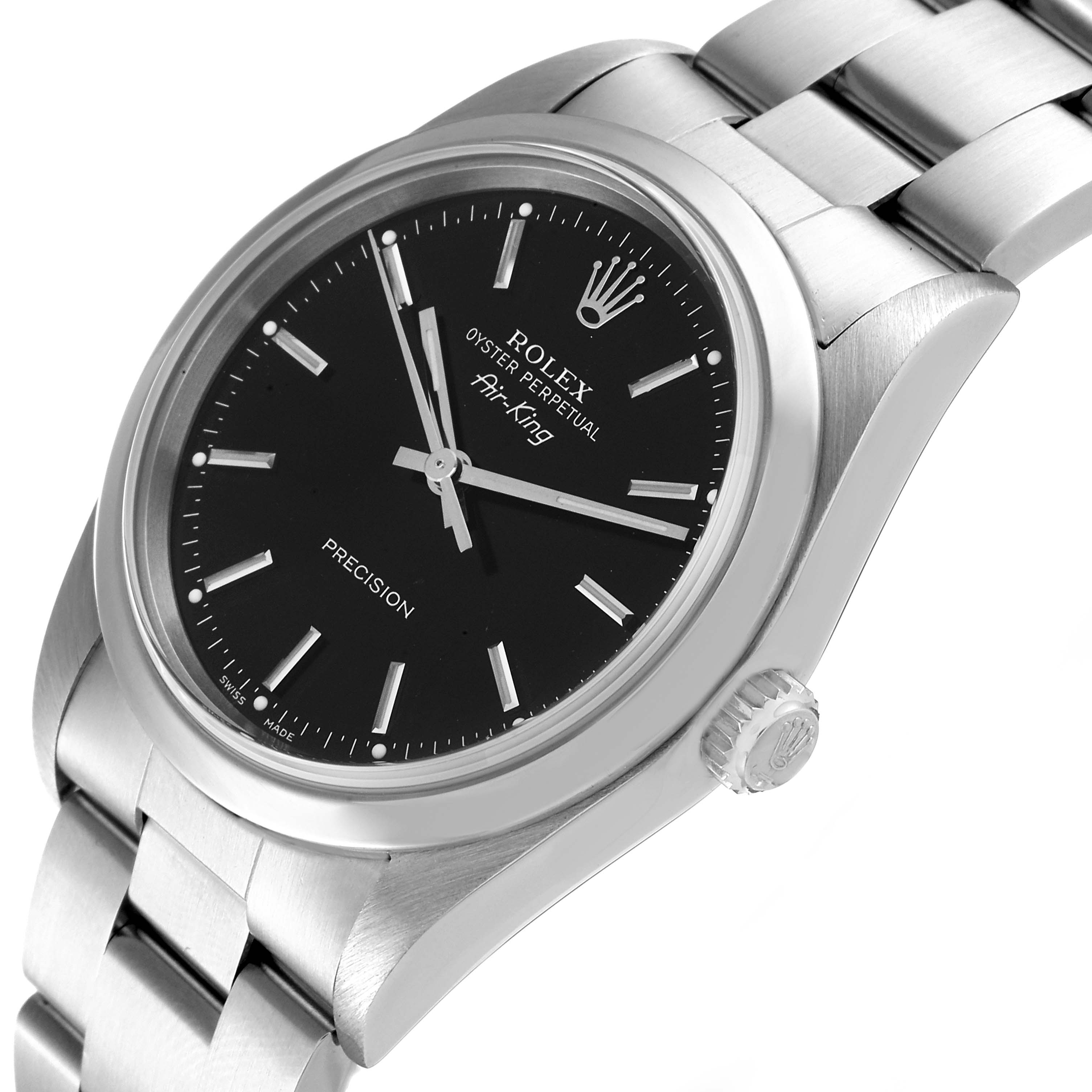 This is a close-up angle showing the face, bezel, crown, and part of the bracelet of the Rolex Air-King 14000 Men's Stainless Steel Black Dial 14000 Men's Stainless Steel Black Dial watch.