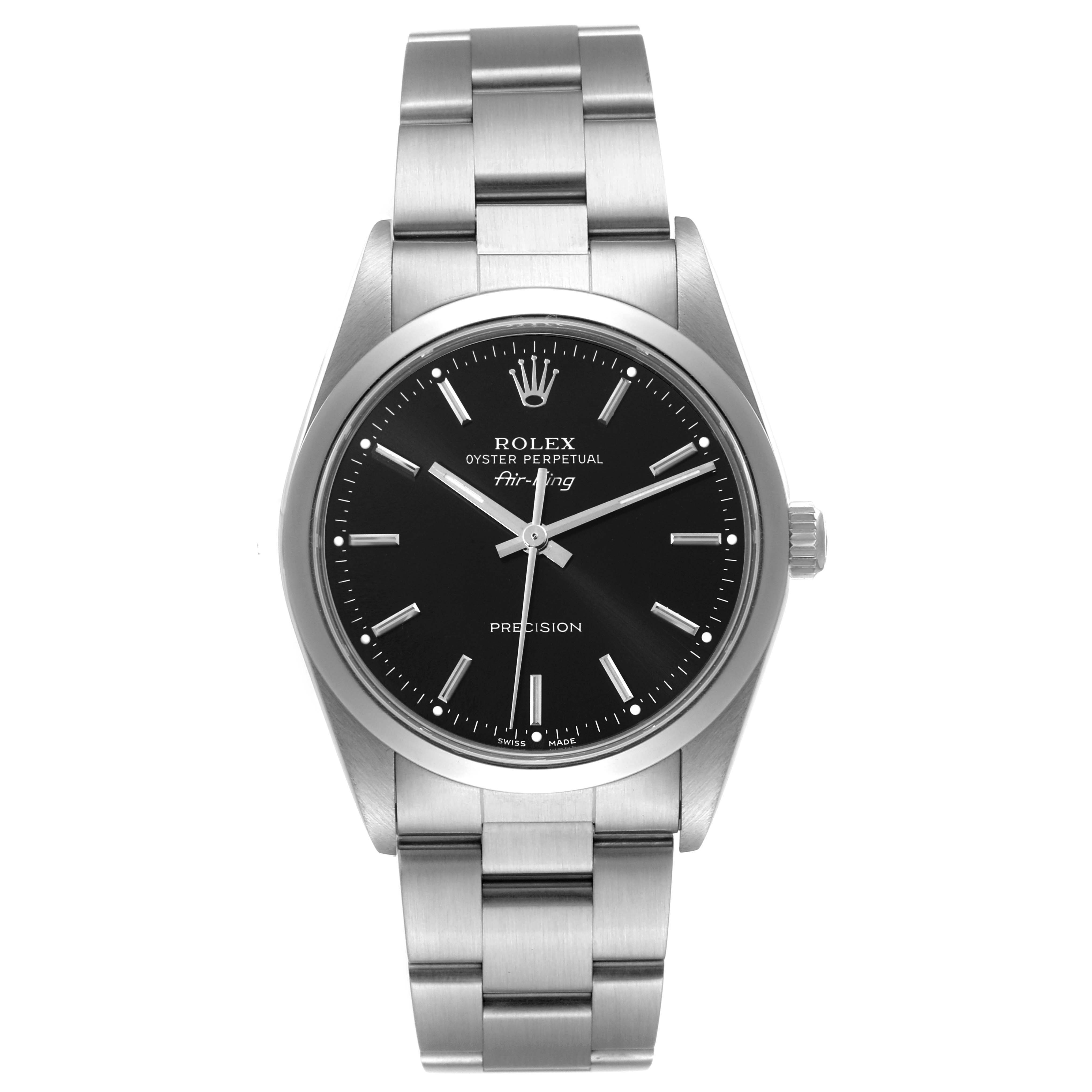 The Rolex Air-King 14000 Men's Stainless Steel Black Dial 14000 Men's Stainless Steel Black Dial watch is shown from a head-on angle, displaying its face, bezel, and bracelet.
