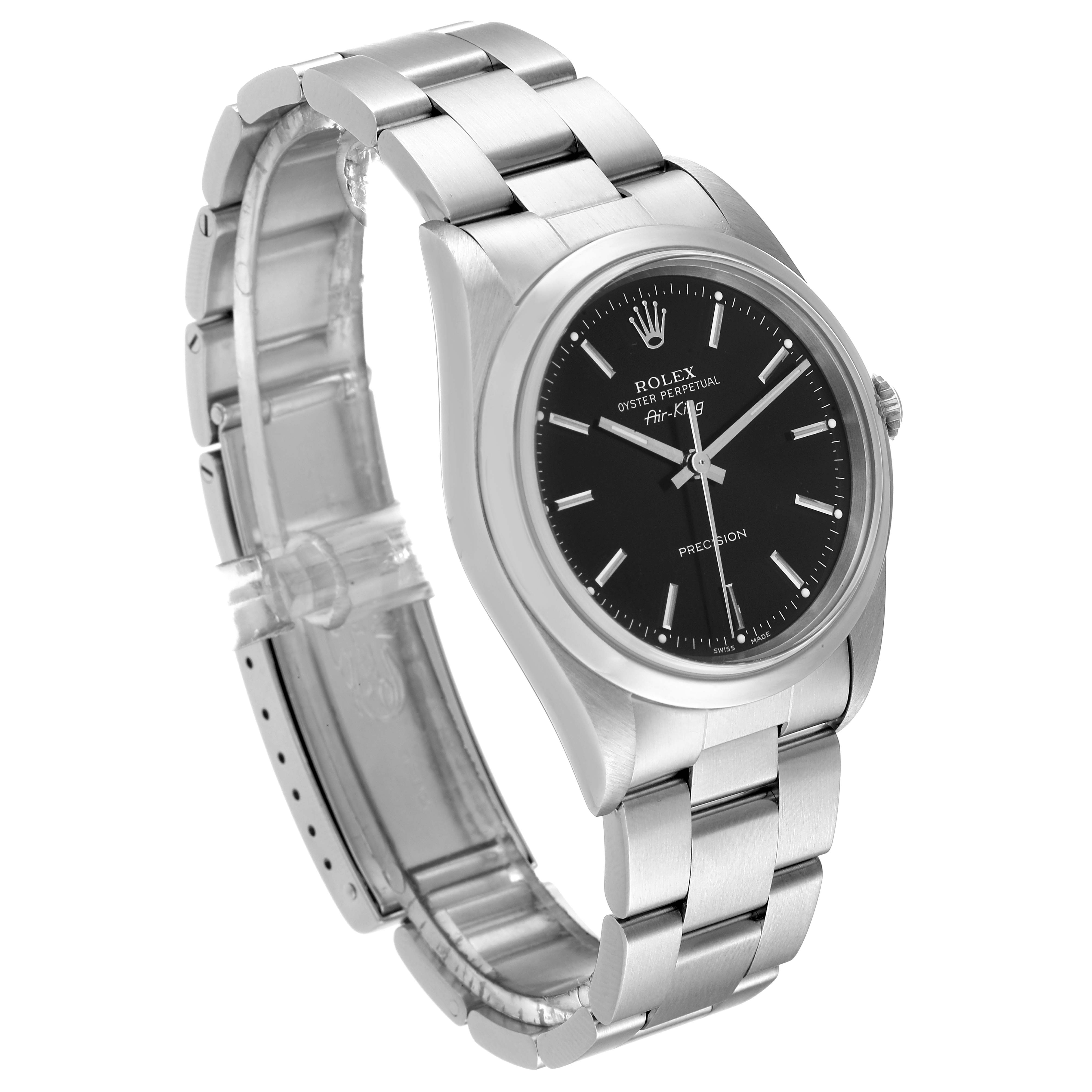 This image shows a side angle view of the Rolex Air-King 14000 Men's Stainless Steel Black Dial 14000 Men's Stainless Steel Black Dial watch, highlighting the dial, bezel, and bracelet.