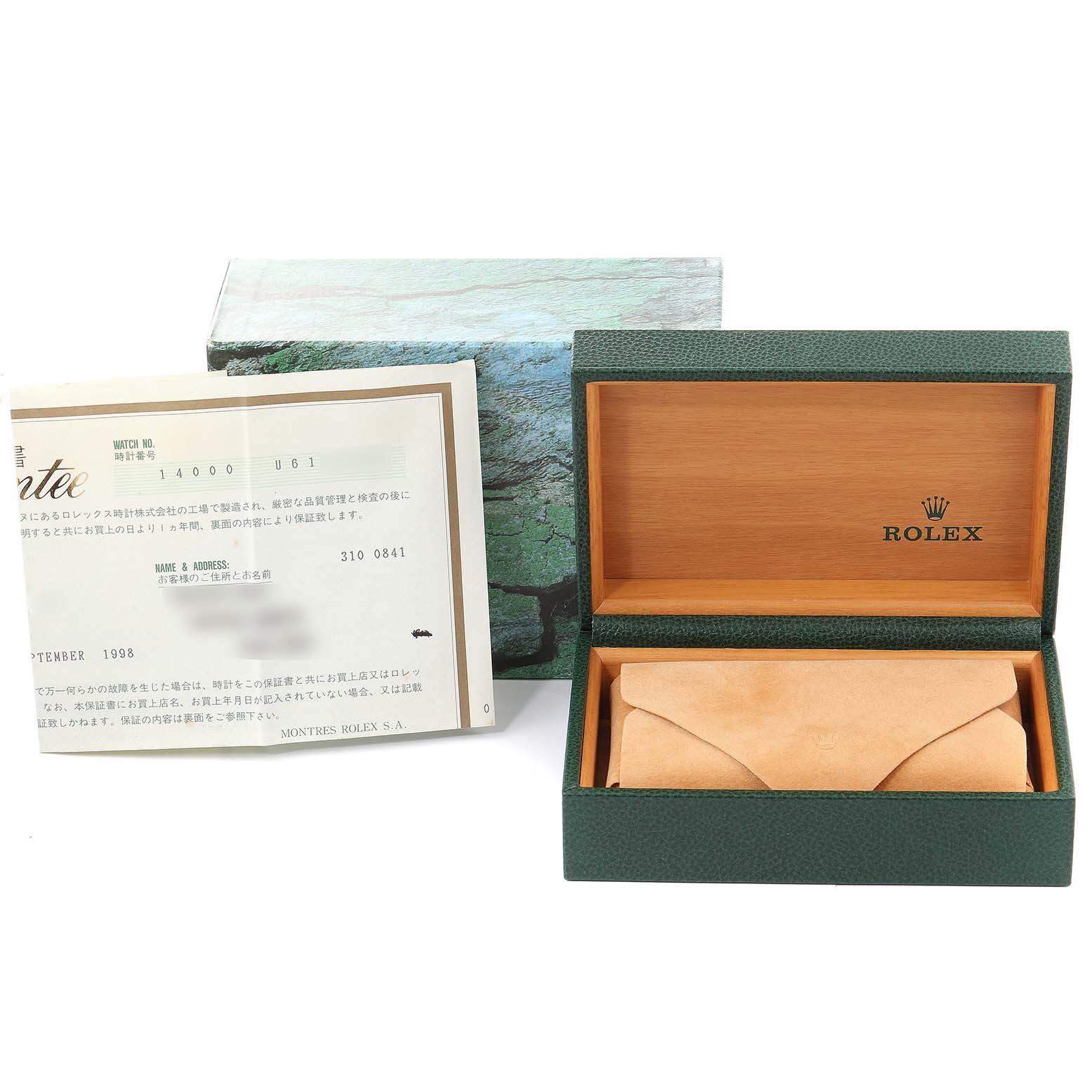 This image shows an open Rolex Air-King 14000 Men's Stainless Steel Blue Dial 14000 Men's Stainless Steel Blue Dial watch box, a warranty card, and an outer box from a front angle.