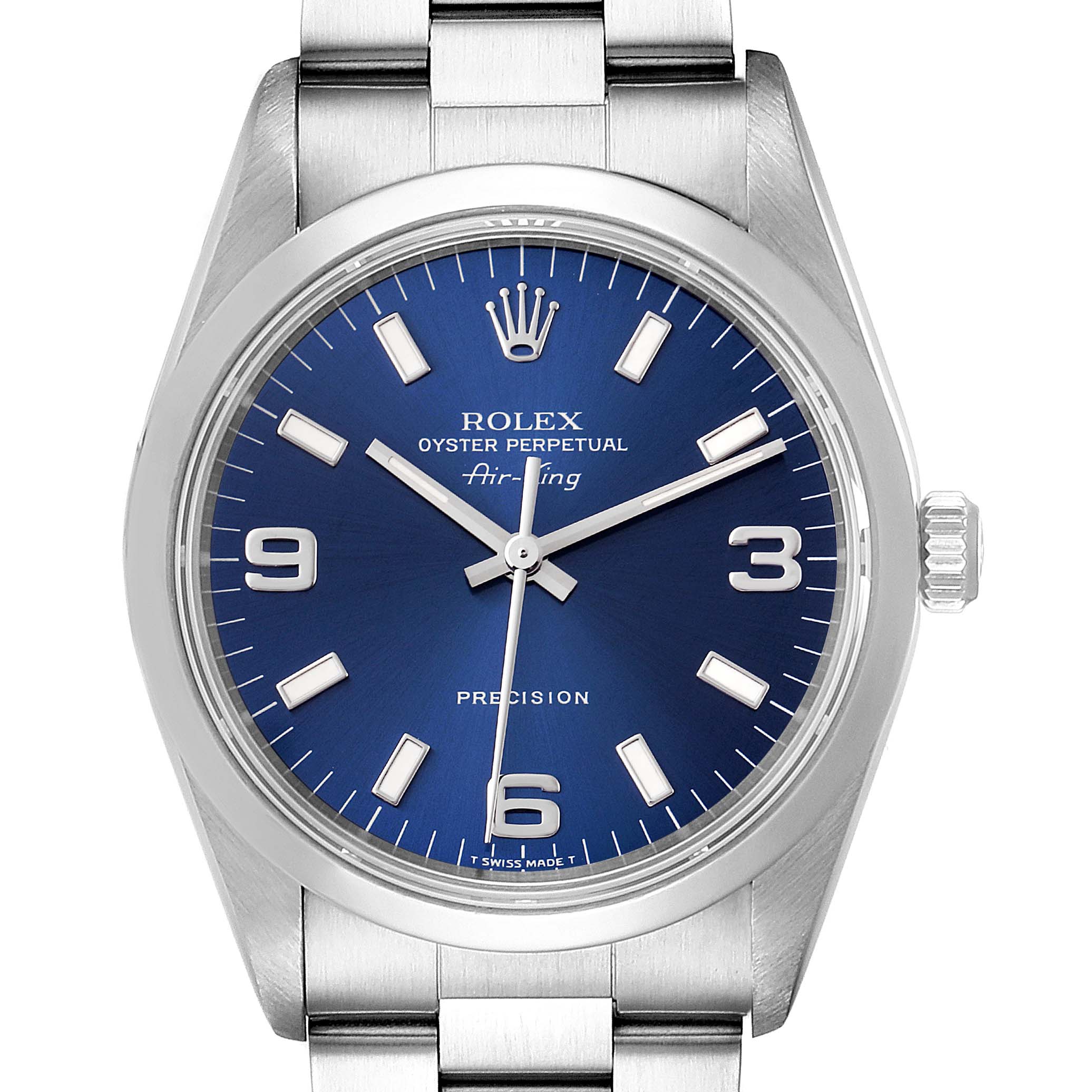 The image shows a front view of a Rolex Air-King 14000 Men's Stainless Steel Blue Dial 14000 Men's Stainless Steel Blue Dial watch, displaying its blue dial, hour markers, hands, and part of the metal bracelet.