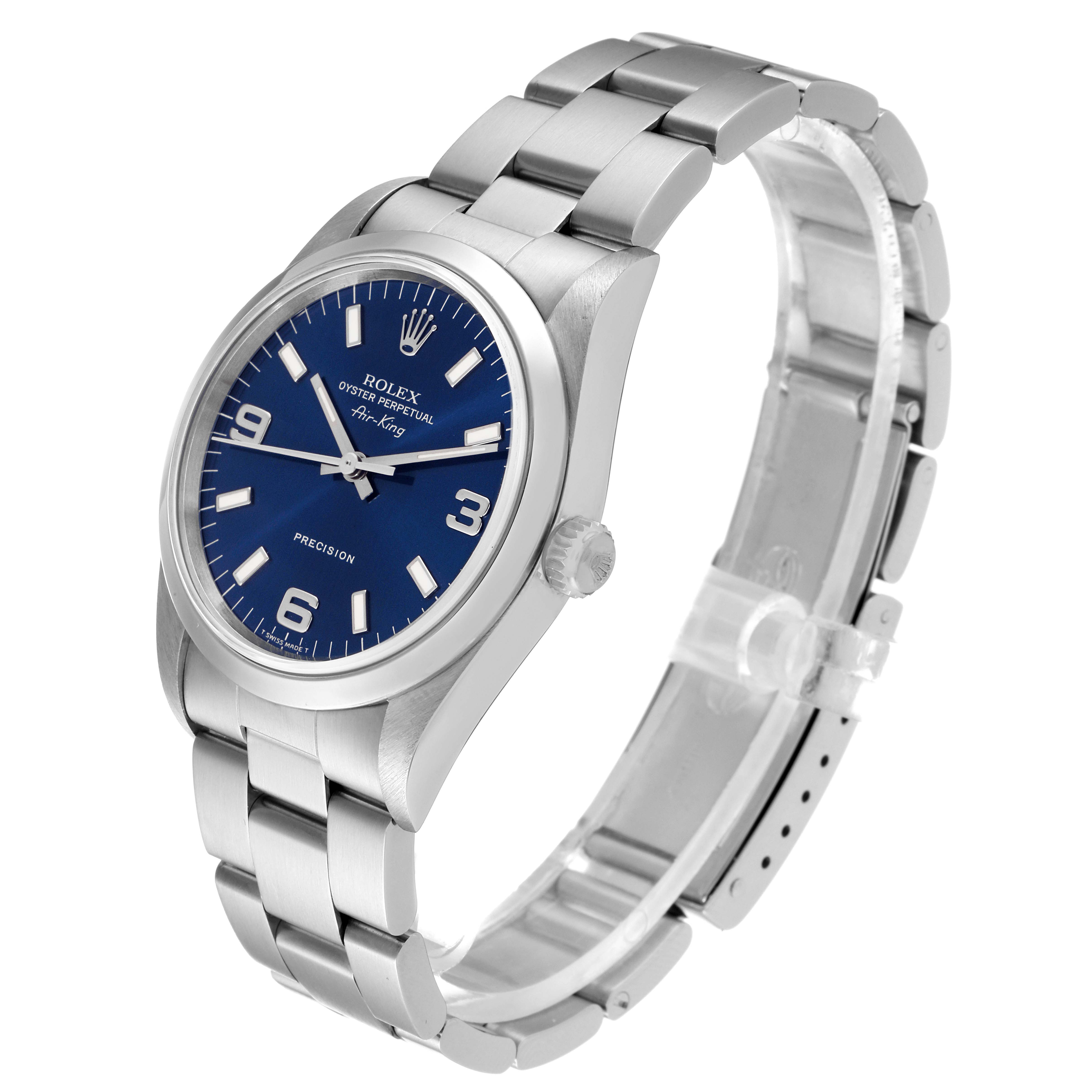 This Rolex Air-King 14000 Men's Stainless Steel Blue Dial 14000 Men's Stainless Steel Blue Dial watch is shown at a three-quarter angle, highlighting its blue dial, crown, and metal bracelet.