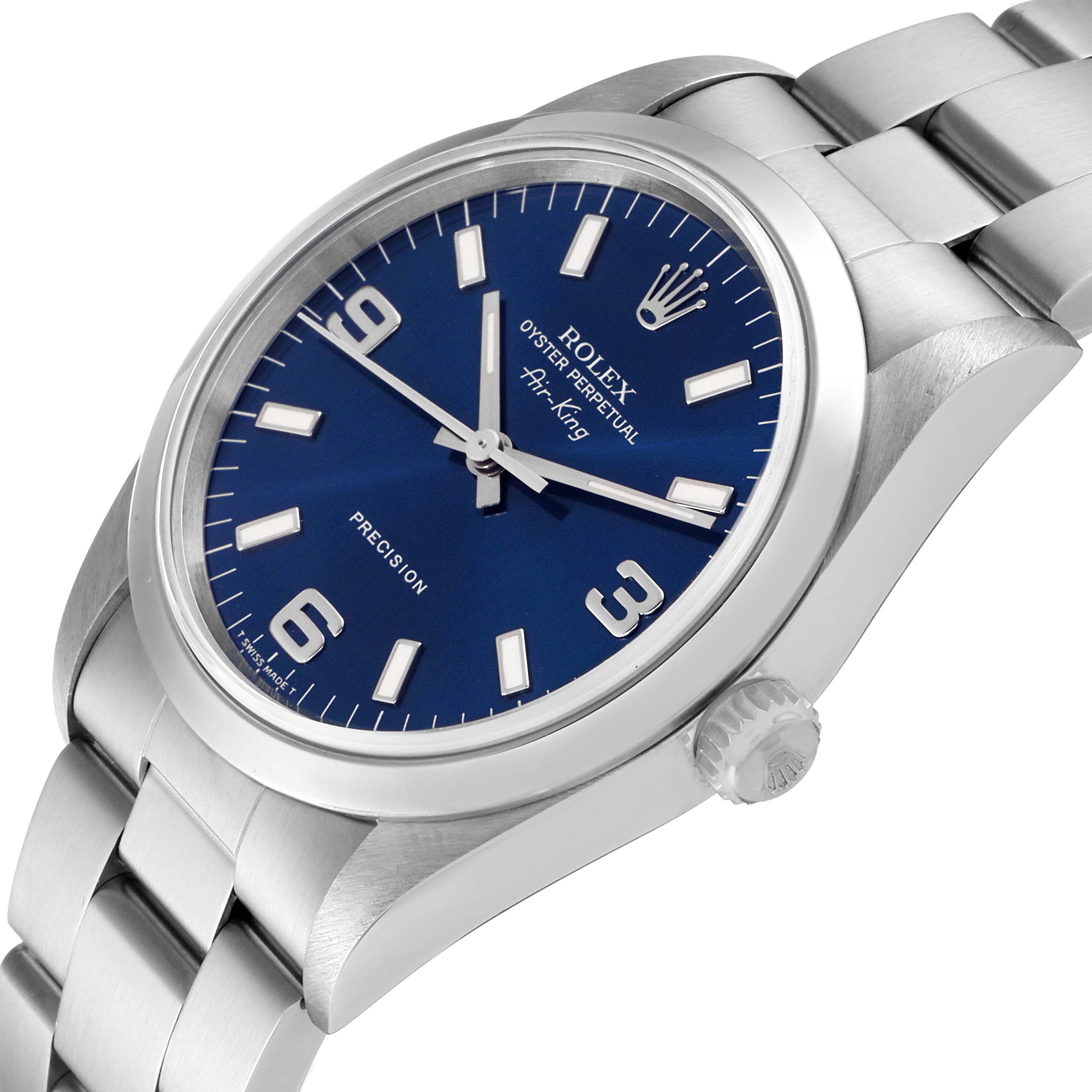 This is a close-up, angled view of a Rolex Air-King 14000 Men's Stainless Steel Blue Dial 14000 Men's Stainless Steel Blue Dial watch, showing the dial, bezel, crown, and part of the bracelet.