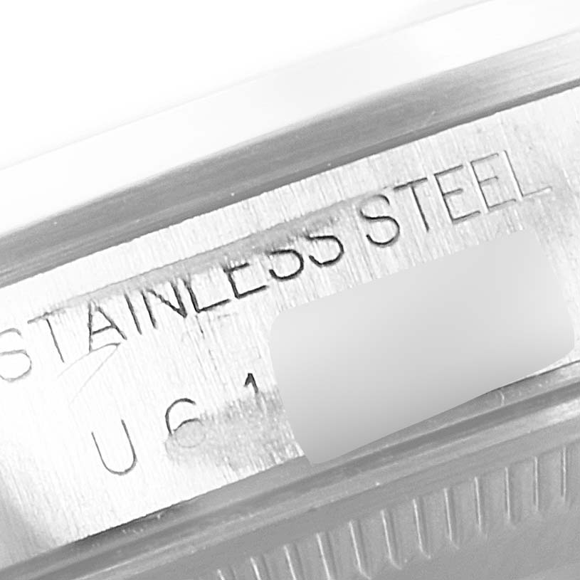 The close-up image shows the stainless steel structure of the Rolex Air-King 14000 Men's Stainless Steel Blue Dial 14000 Men's Stainless Steel Blue Dial watch, engraved with part of the serial number.