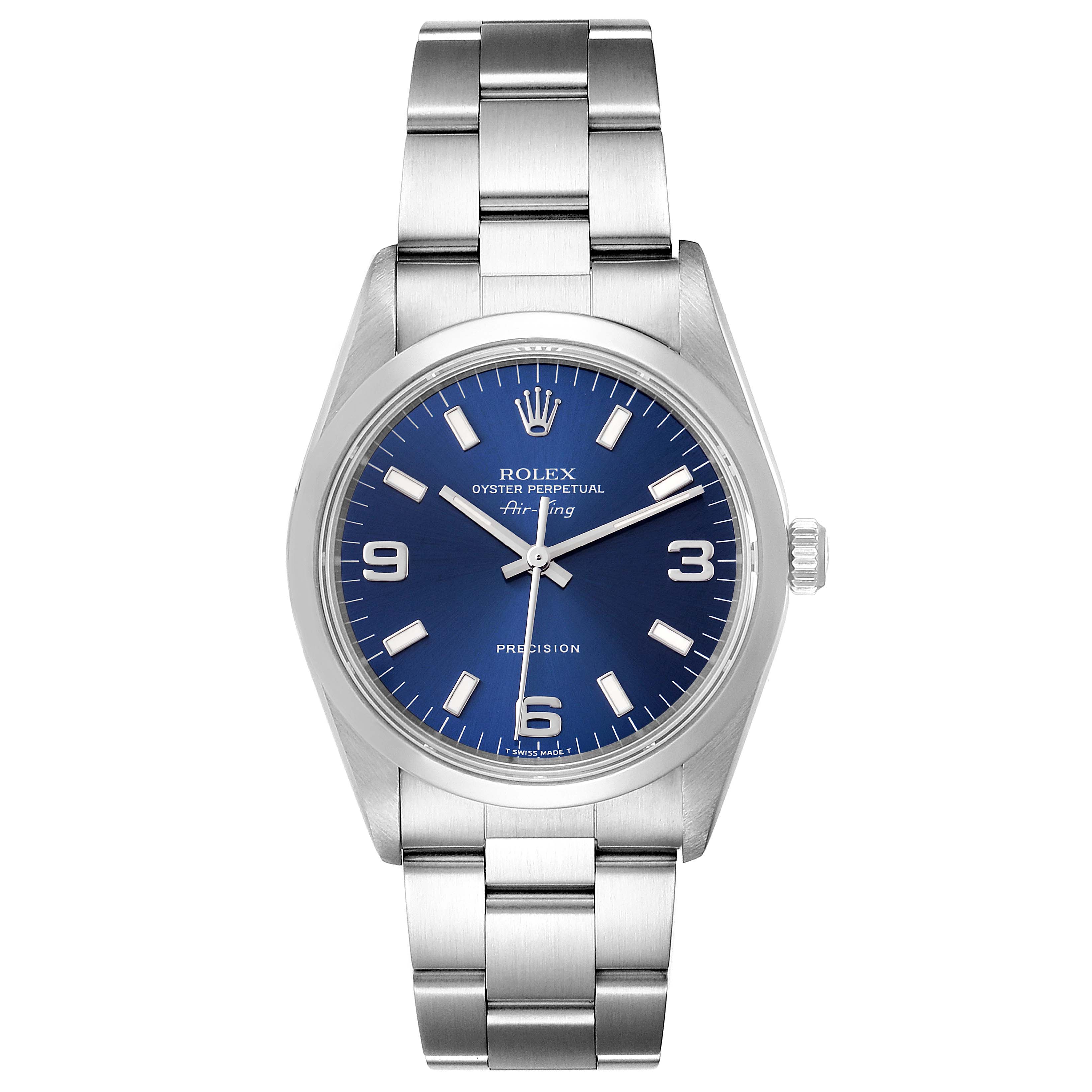 The image shows a Rolex Air-King 14000 Men's Stainless Steel Blue Dial 14000 Men's Stainless Steel Blue Dial watch from a frontal angle, highlighting its blue dial, silver band, and crown on the right side.