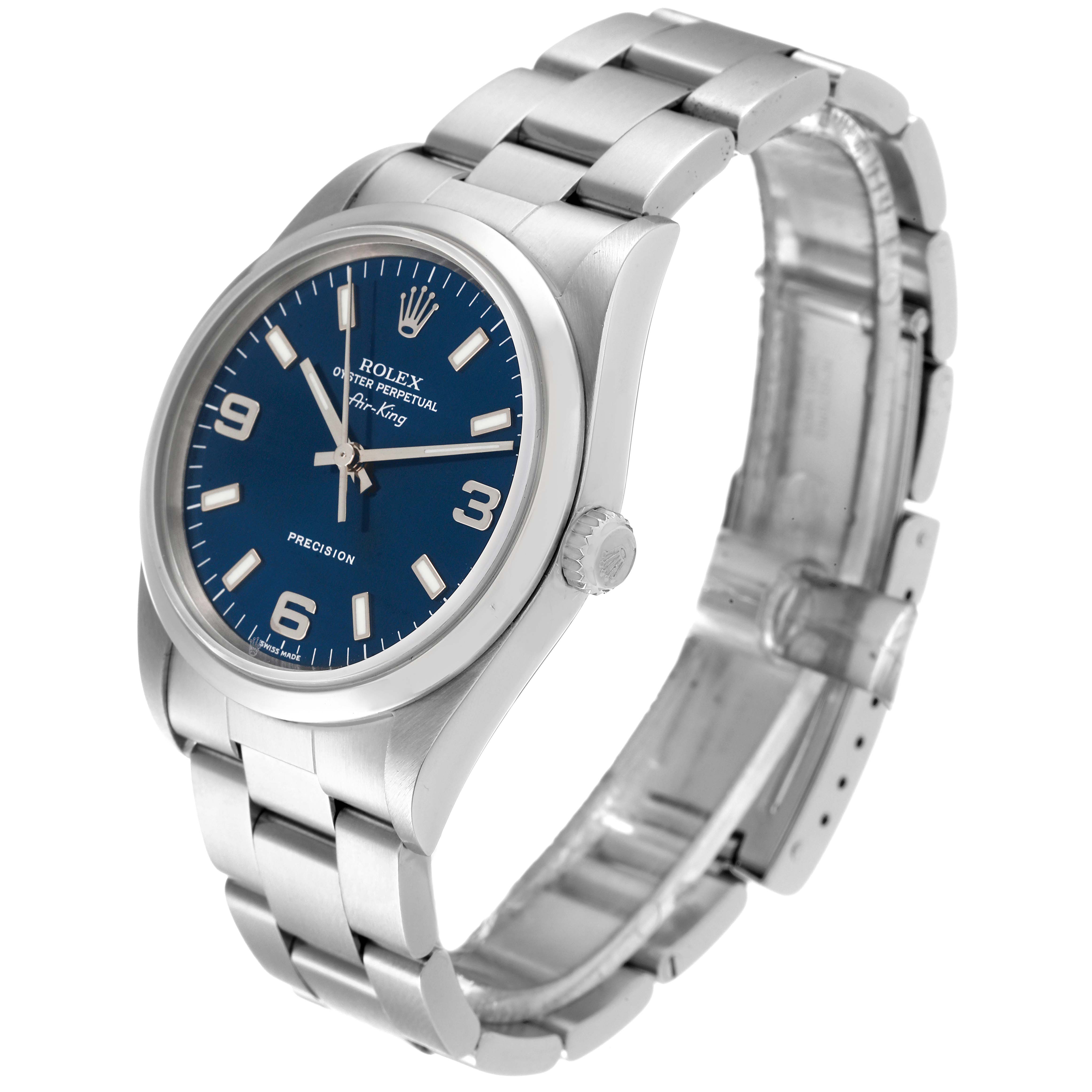 The Rolex Air-King 14000 Men's Stainless Steel Blue Dial 14000 Men's Stainless Steel Blue Dial watch is shown at an oblique angle, highlighting the face, crown, and bracelet.