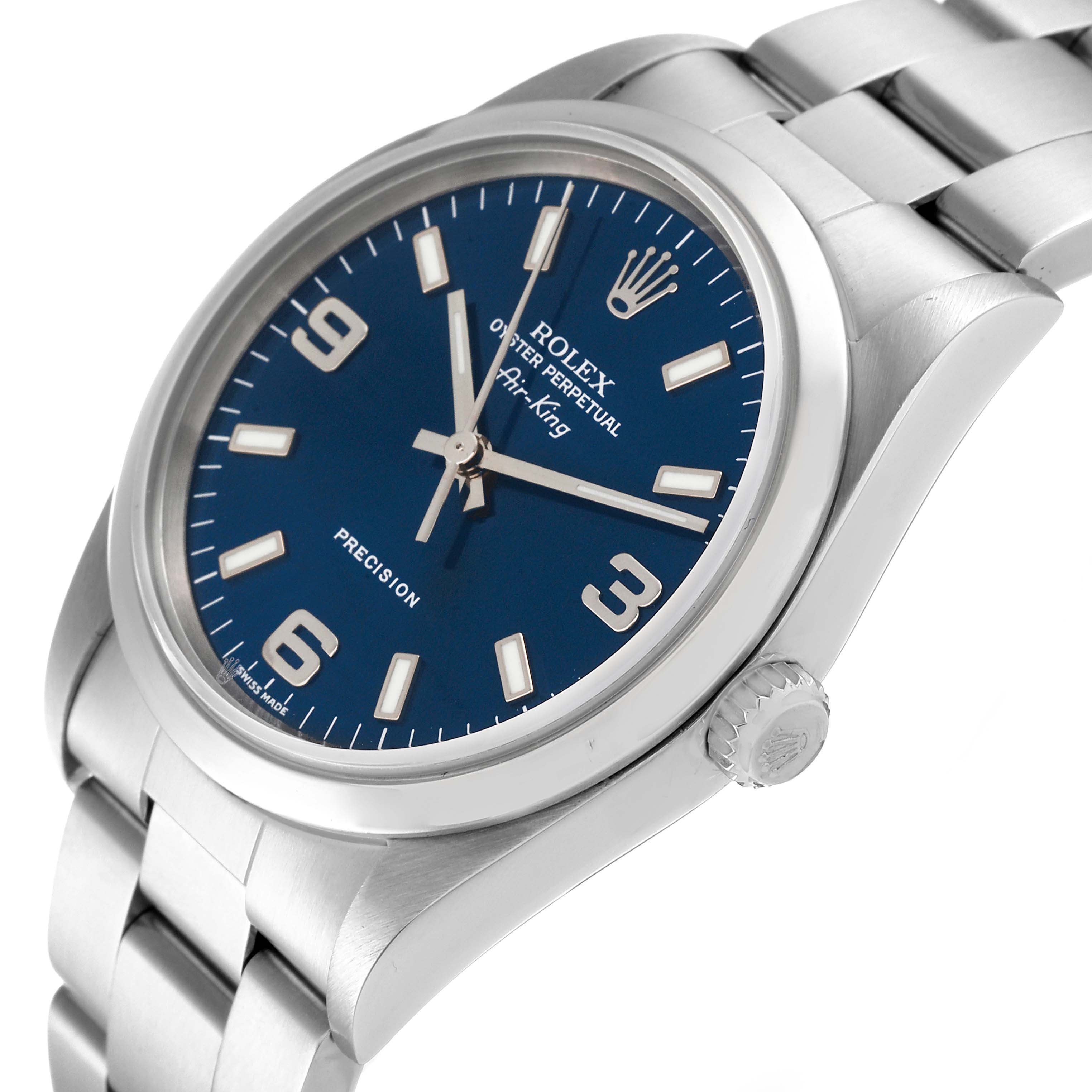 The Rolex Air-King 14000 Men's Stainless Steel Blue Dial 14000 Men's Stainless Steel Blue Dial watch is shown at a slight angle, displaying the face, bezel, crown, and part of the bracelet.