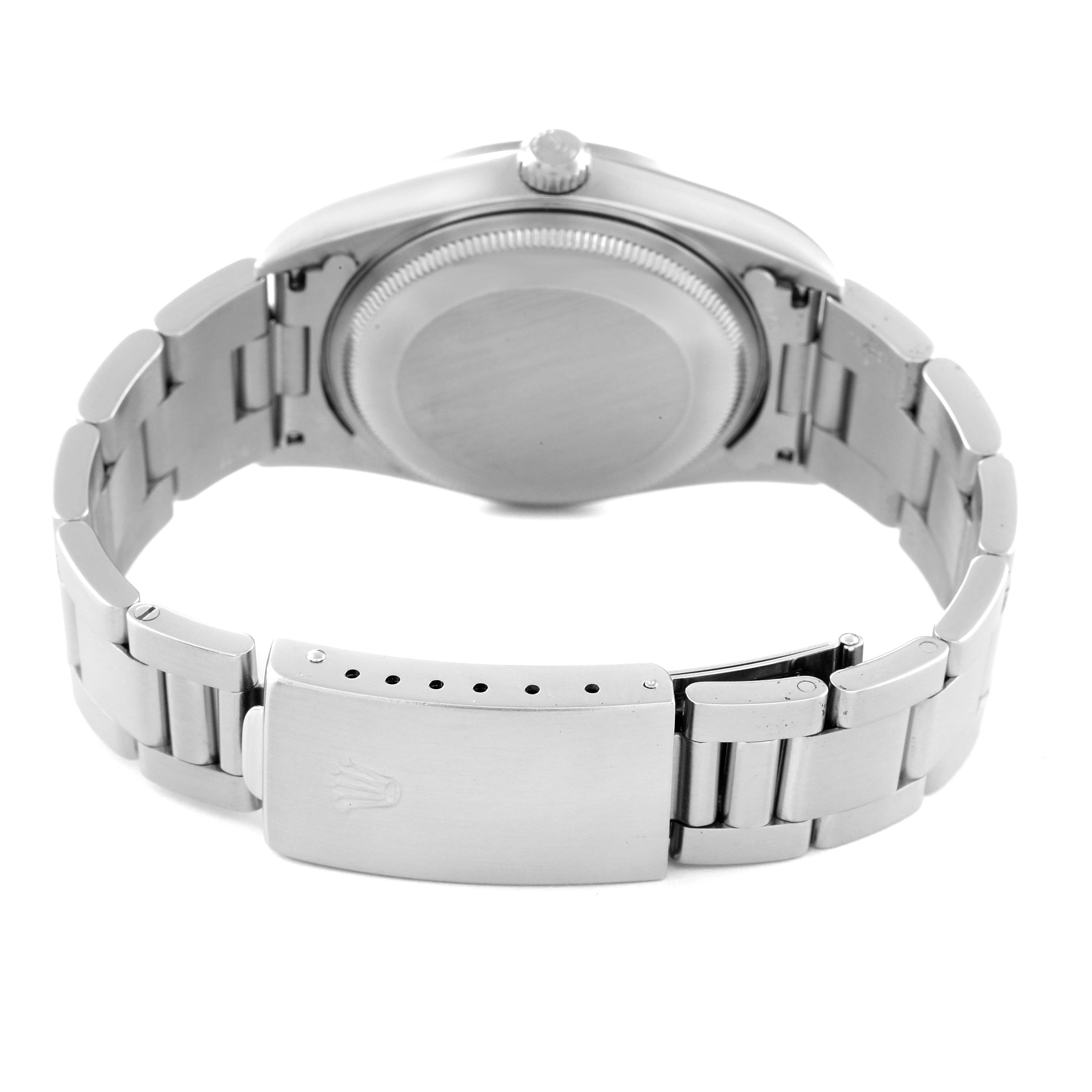 This image shows the back case, crown, and metal bracelet with the clasp of the Rolex Air-King 14000 Men's Stainless Steel Blue Dial 14000 Men's Stainless Steel Blue Dial watch from a rear angle.