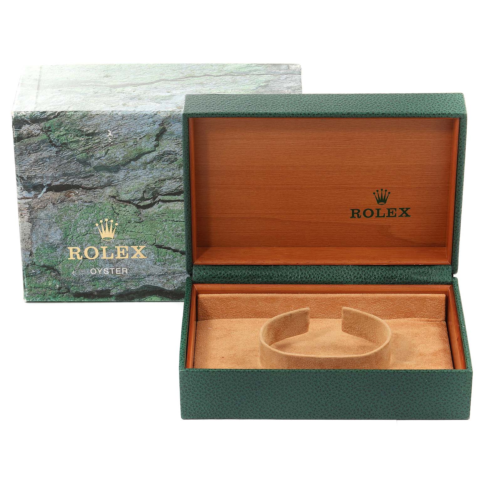 The image shows an empty green and wooden Rolex Air-King 14000 Men's Stainless Steel Silver Dial 14000 Men's Stainless Steel Silver Dial watch box with its cover, displaying the interior cushion for the watch.