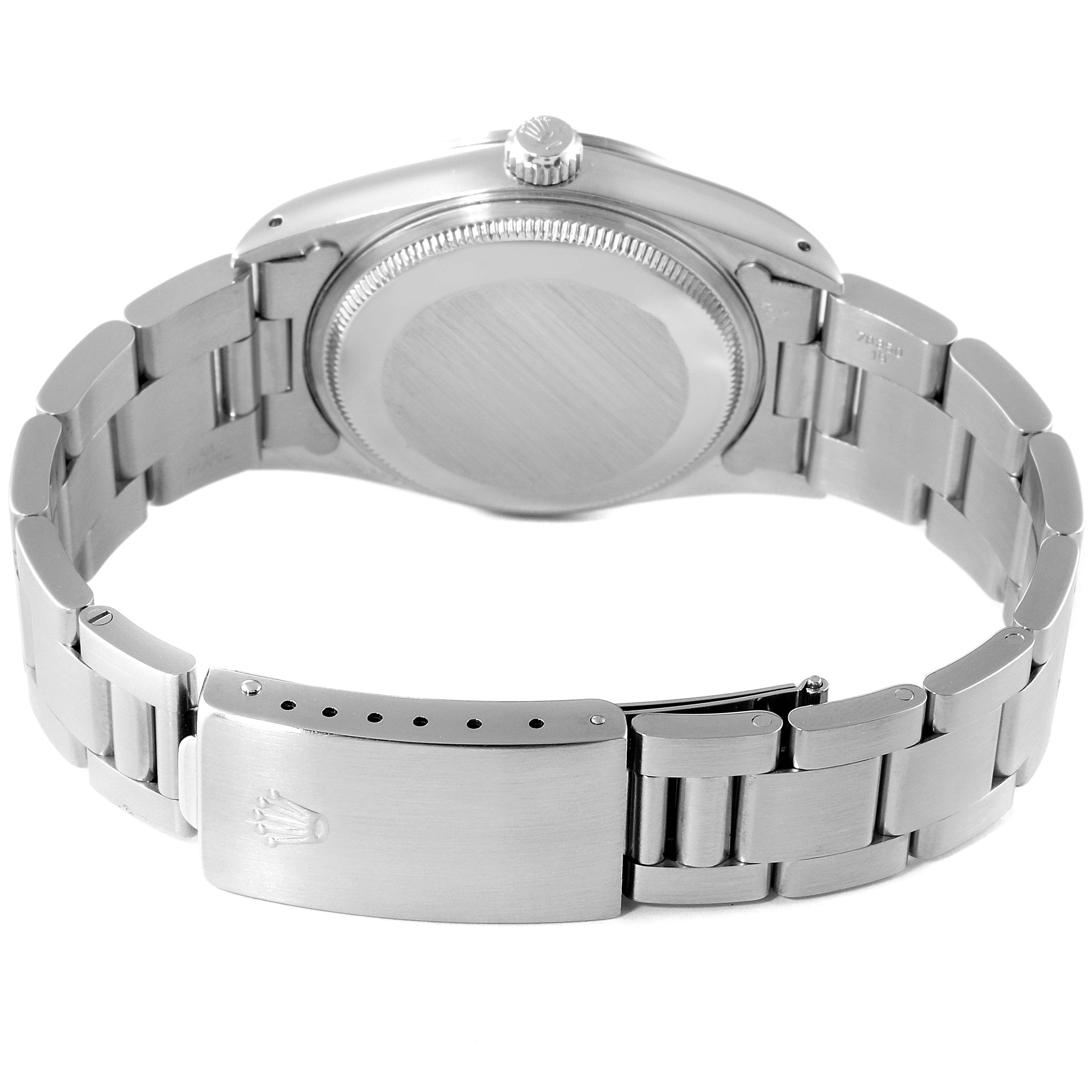 The image shows the back view of a Rolex Air-King 14000 Men's Stainless Steel Silver Dial 14000 Men's Stainless Steel Silver Dial watch, highlighting its Oystersteel bracelet and clasp.