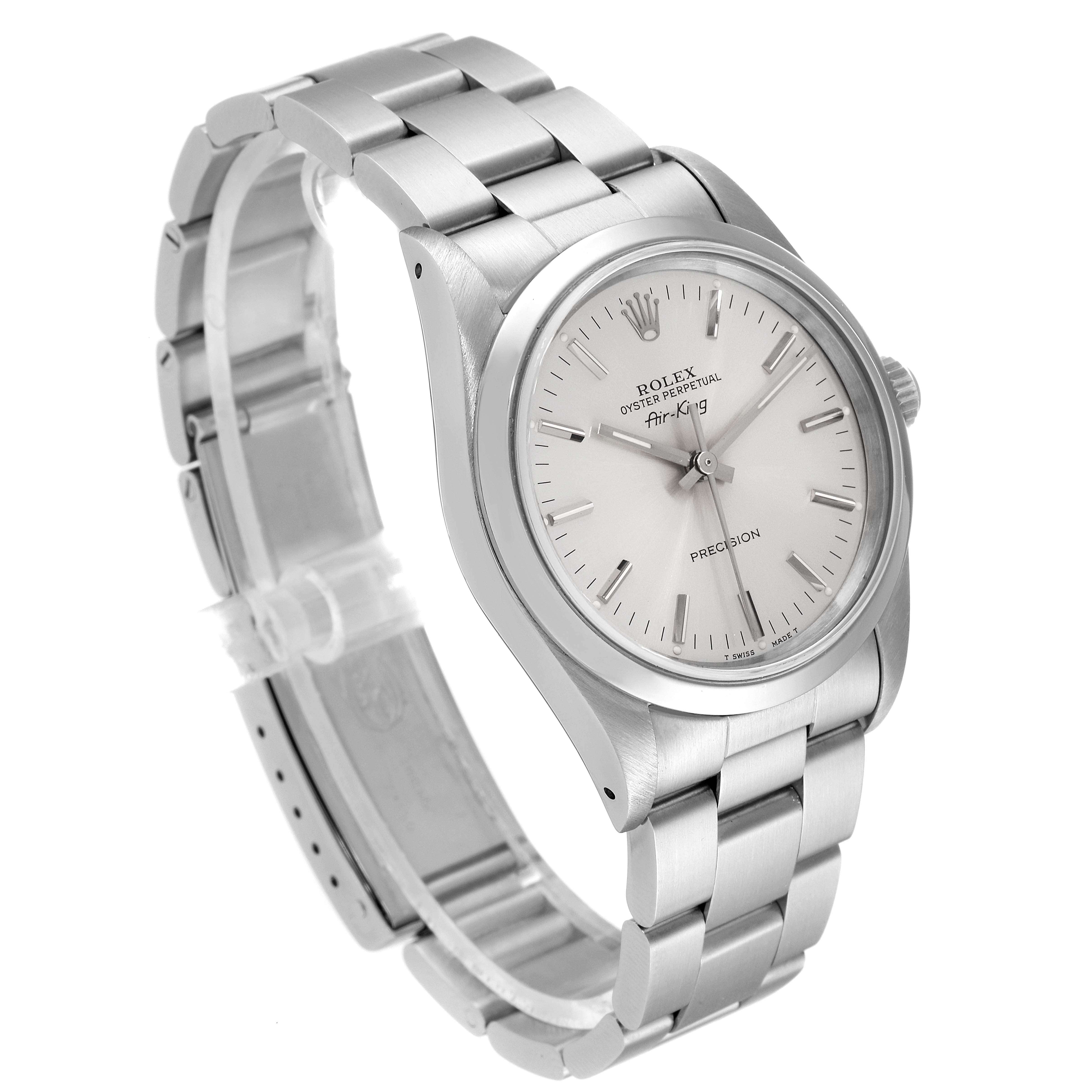 The Rolex Air-King 14000 Men's Stainless Steel Silver Dial 14000 Men's Stainless Steel Silver Dial watch is shown at a three-quarter angle, displaying the face, bezel, crown, and bracelet.
