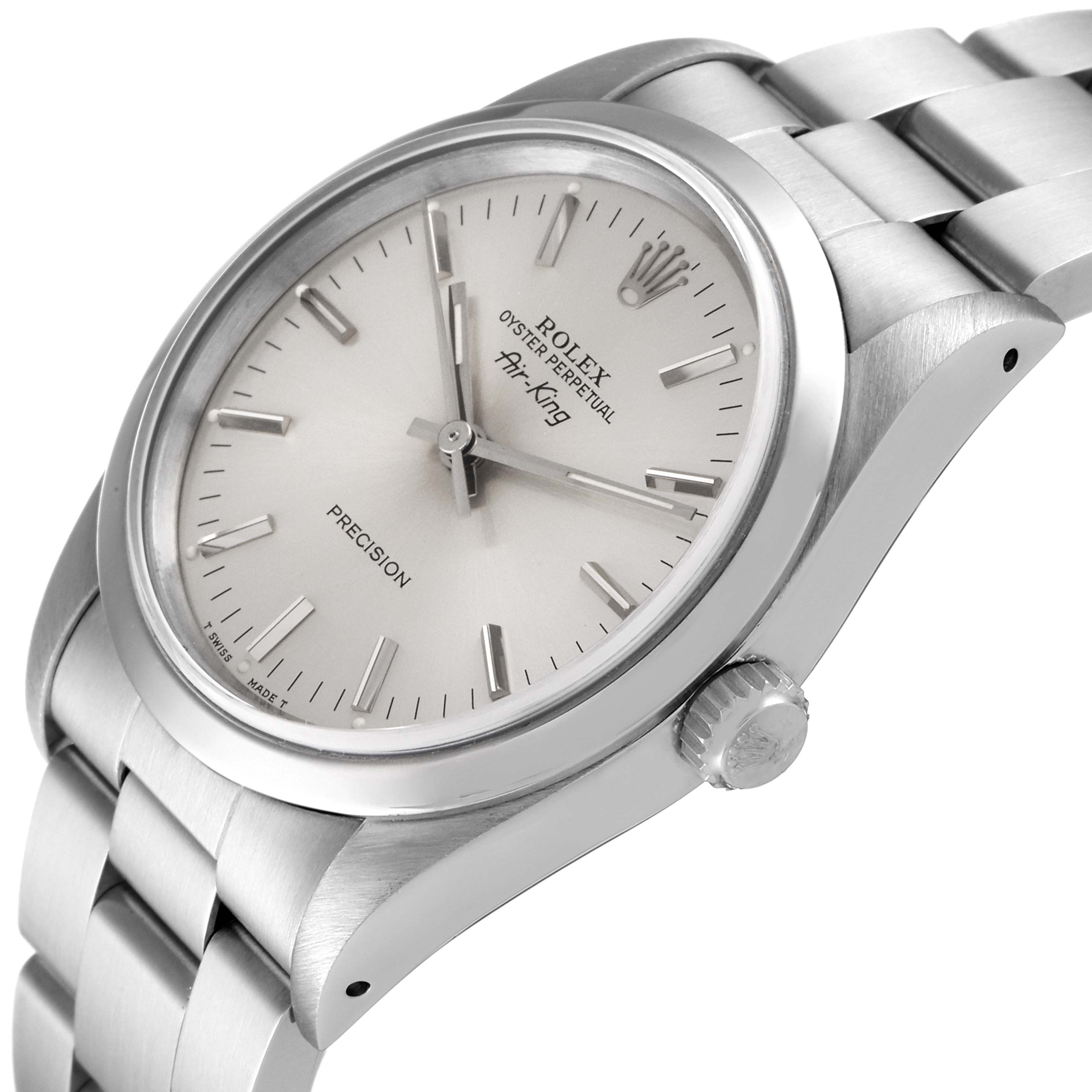 The image shows a side angle view of a Rolex Air-King 14000 Men's Stainless Steel Silver Dial 14000 Men's Stainless Steel Silver Dial watch, highlighting the dial, crown, and bracelet.