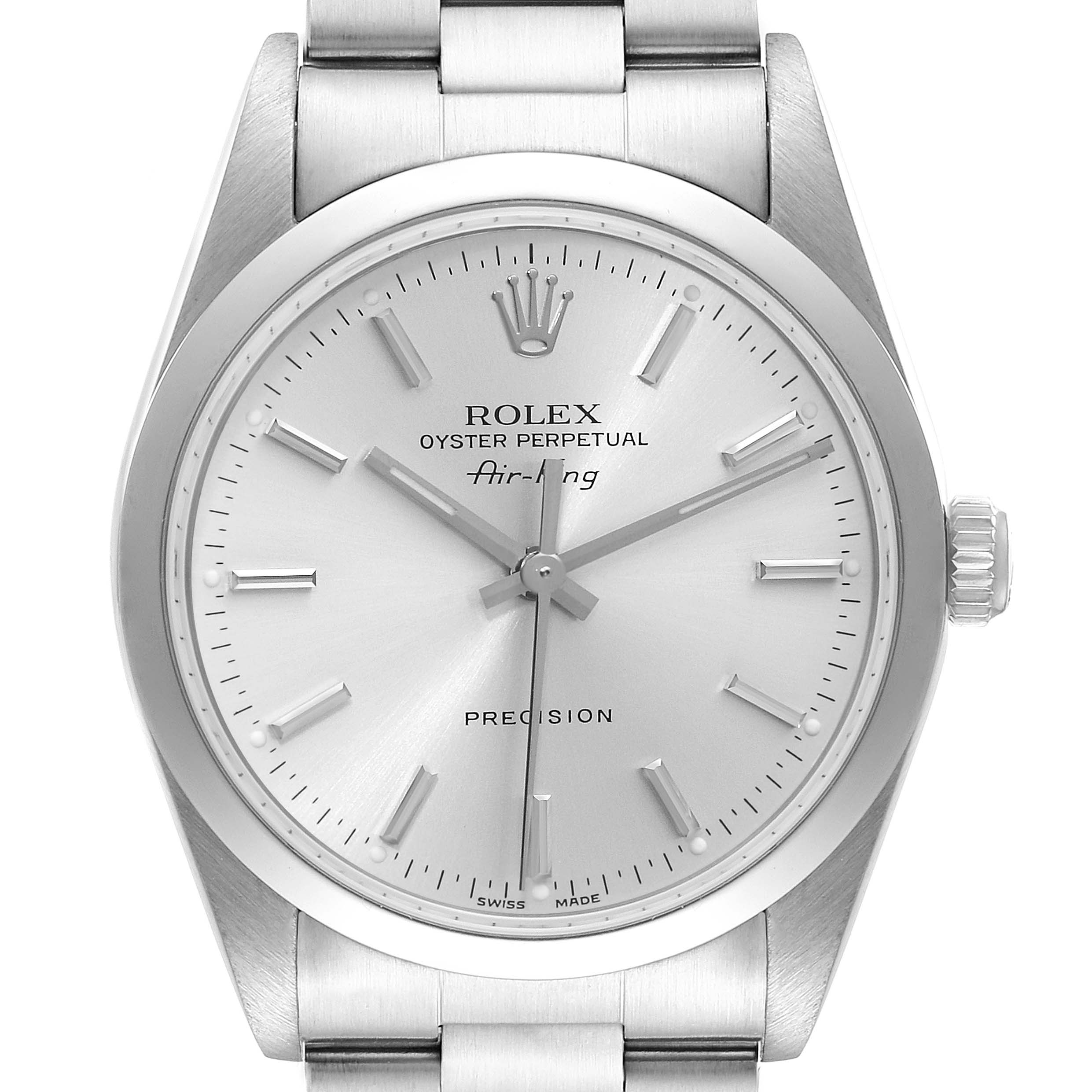 The image shows a front view of the Rolex Air-King 14000 Men's Stainless Steel Silver Dial 14000 Men's Stainless Steel Silver Dial watch displaying its dial, crown, and part of the bracelet.
