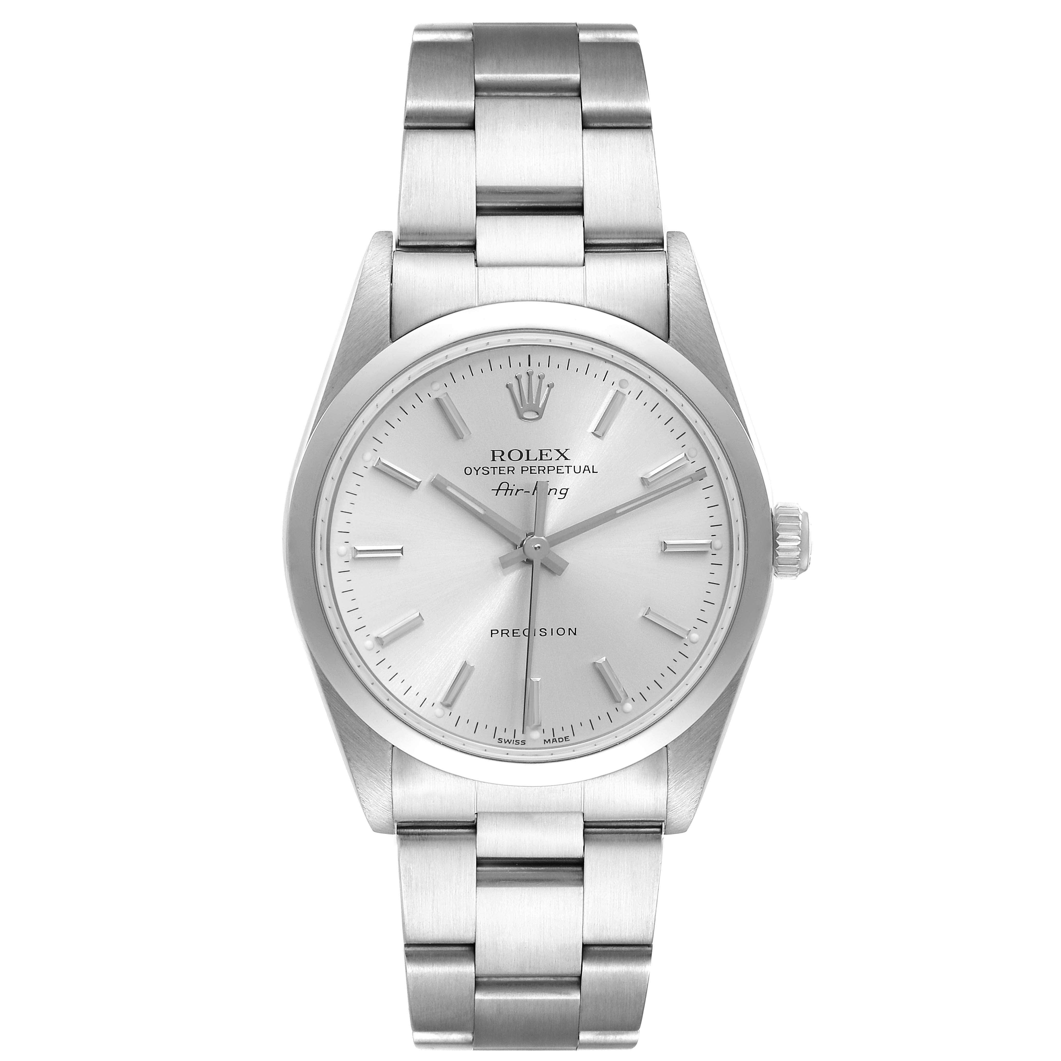 This image shows a Rolex Air-King 14000 Men's Stainless Steel Silver Dial 14000 Men's Stainless Steel Silver Dial watch from a front angle, highlighting its dial, bezel, crown, and bracelet.