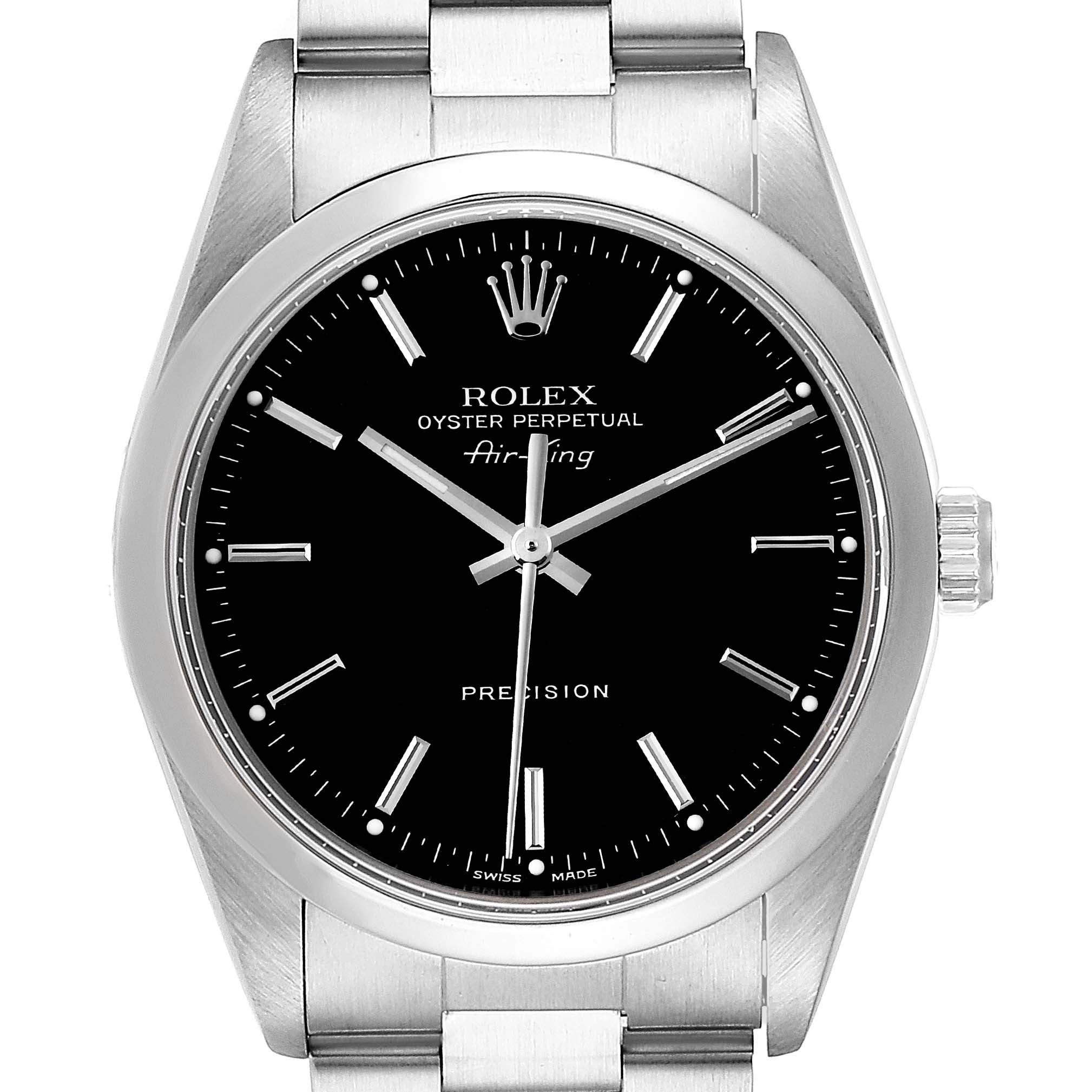 This image shows a front view of the Rolex Air-King 14000 Men's Stainless Steel Black Dial 14000 Men's Stainless Steel Black Dial watch, displaying the dial, hands, bezel, and part of the bracelet.