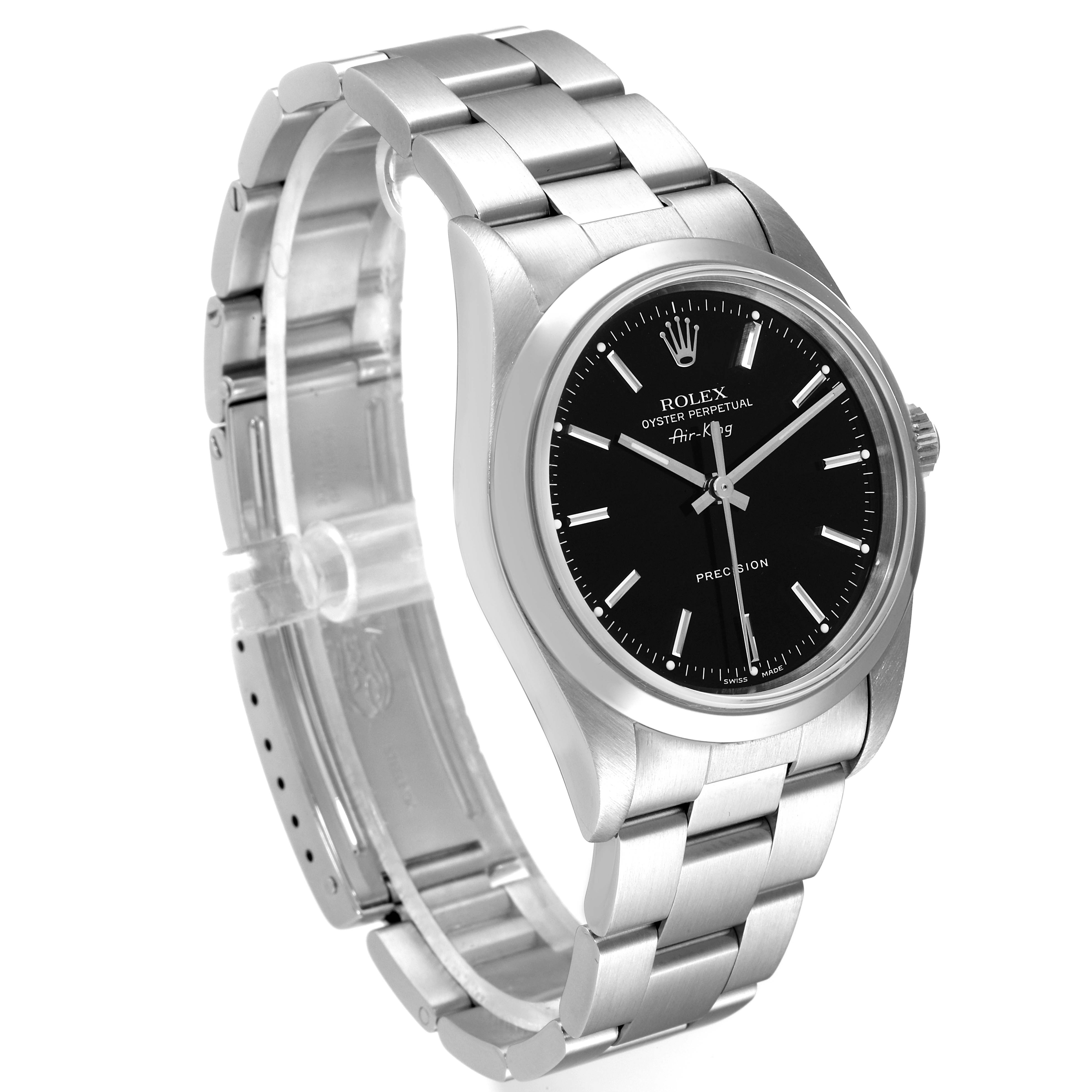 The image shows the side and front of the Rolex Air-King 14000 Men's Stainless Steel Black Dial 14000 Men's Stainless Steel Black Dial watch, displaying the dial, case, and bracelet.