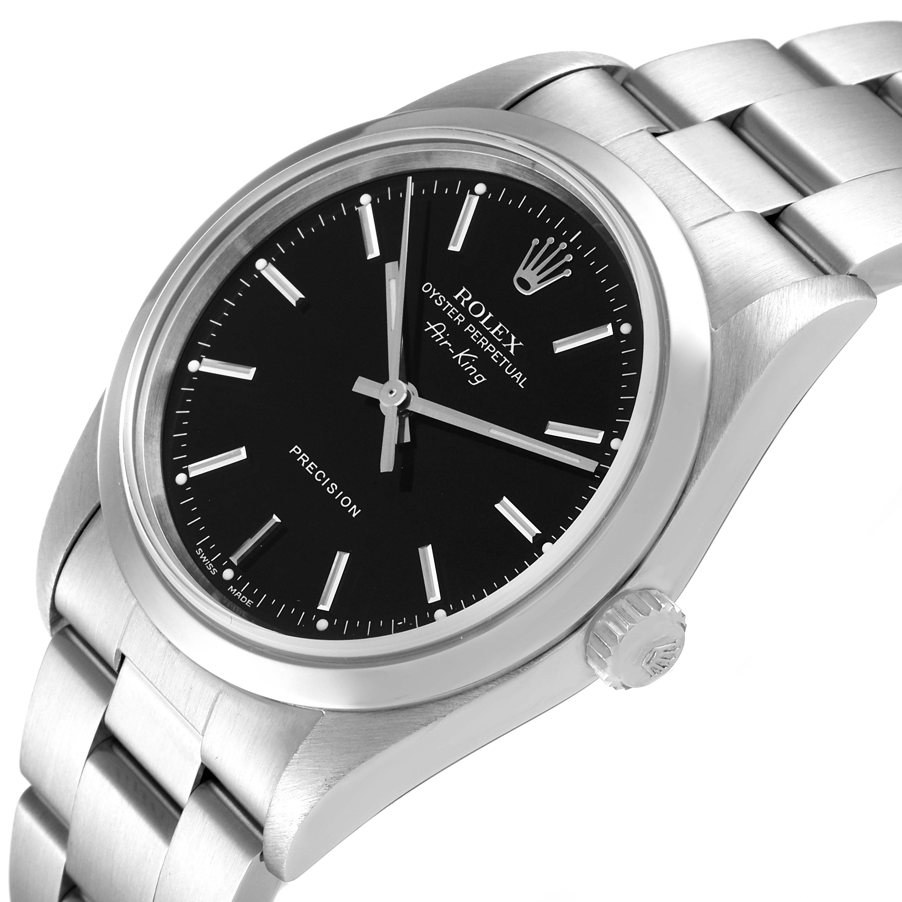 The Rolex Air-King 14000 Men's Stainless Steel Black Dial 14000 Men's Stainless Steel Black Dial watch is shown from a tilted side angle, highlighting its face, bezel, and part of the bracelet band.