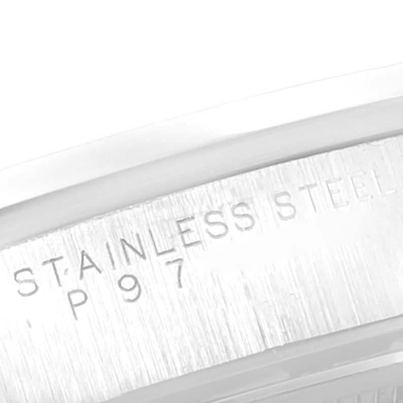 This close-up image shows the stainless steel casing with engravings on a Rolex Air-King 14000 Men's Stainless Steel Black Dial 14000 Men's Stainless Steel Black Dial watch.