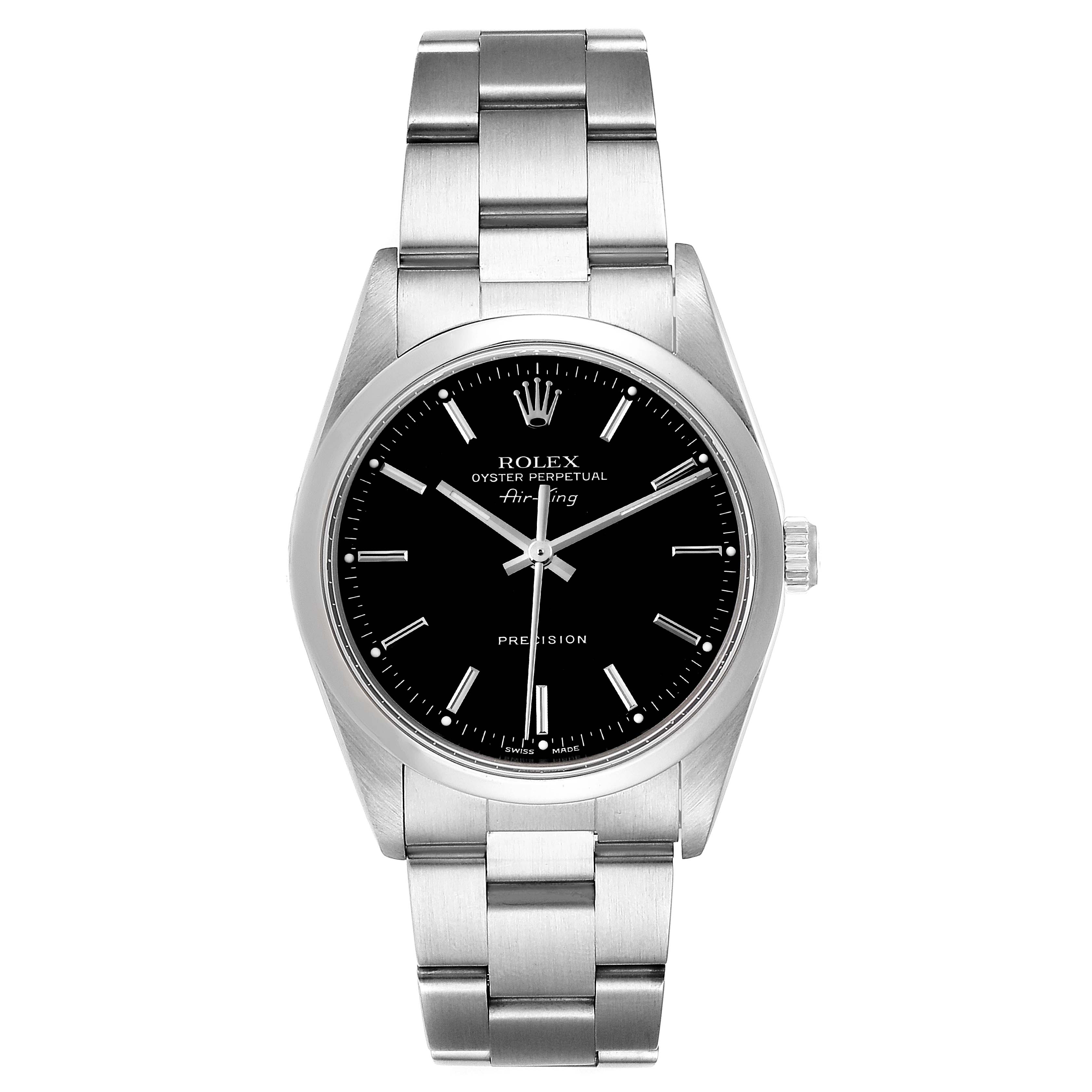 The Rolex Air-King 14000 Men's Stainless Steel Black Dial 14000 Men's Stainless Steel Black Dial watch is shown from a front angle, displaying the face, dial, bezel, and strap.