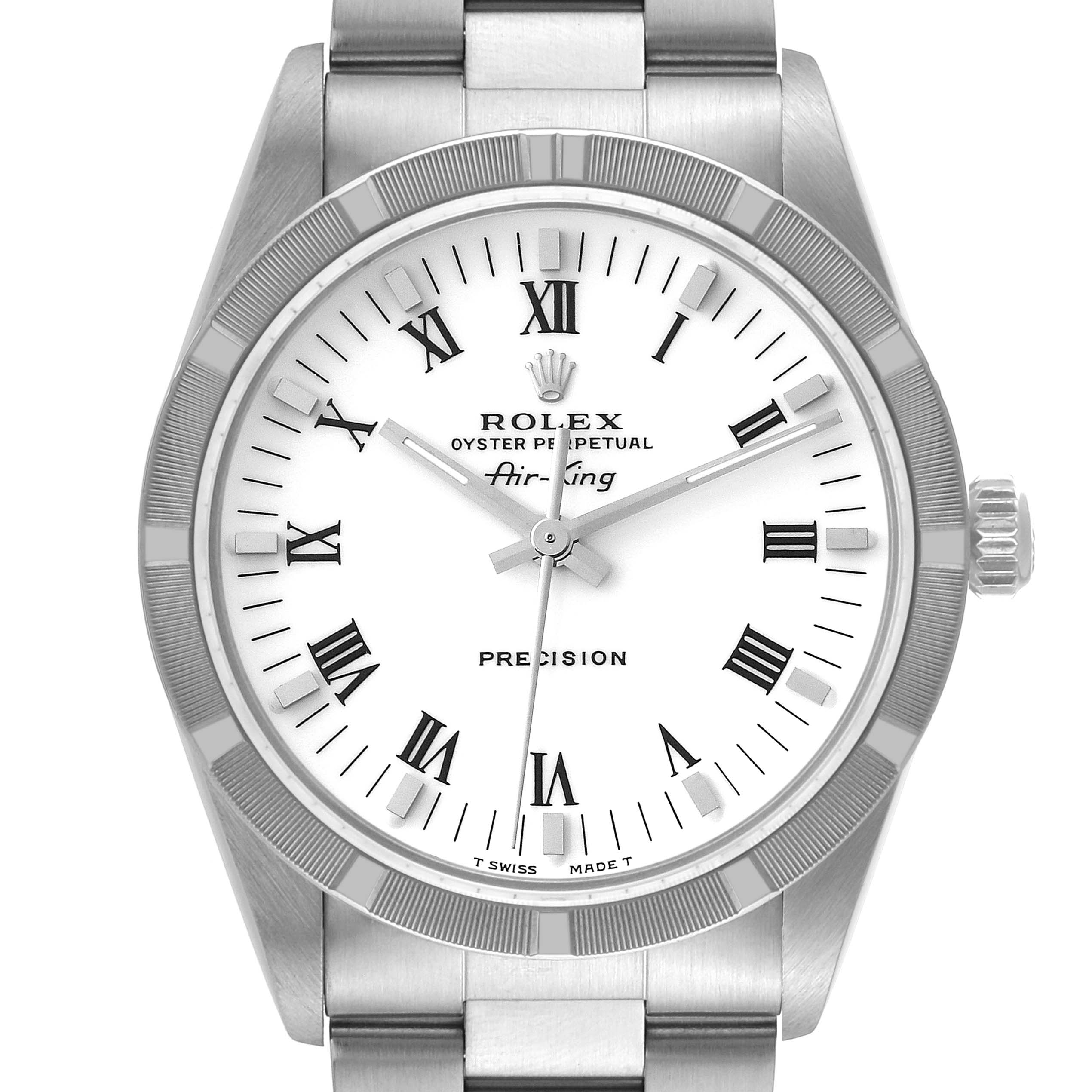 The Rolex Air-King 14010 Men's Stainless Steel White Dial 14010 Men's Stainless Steel White Dial watch is shown from the front, displaying its dial, hands, bezel, crown, and part of the bracelet.