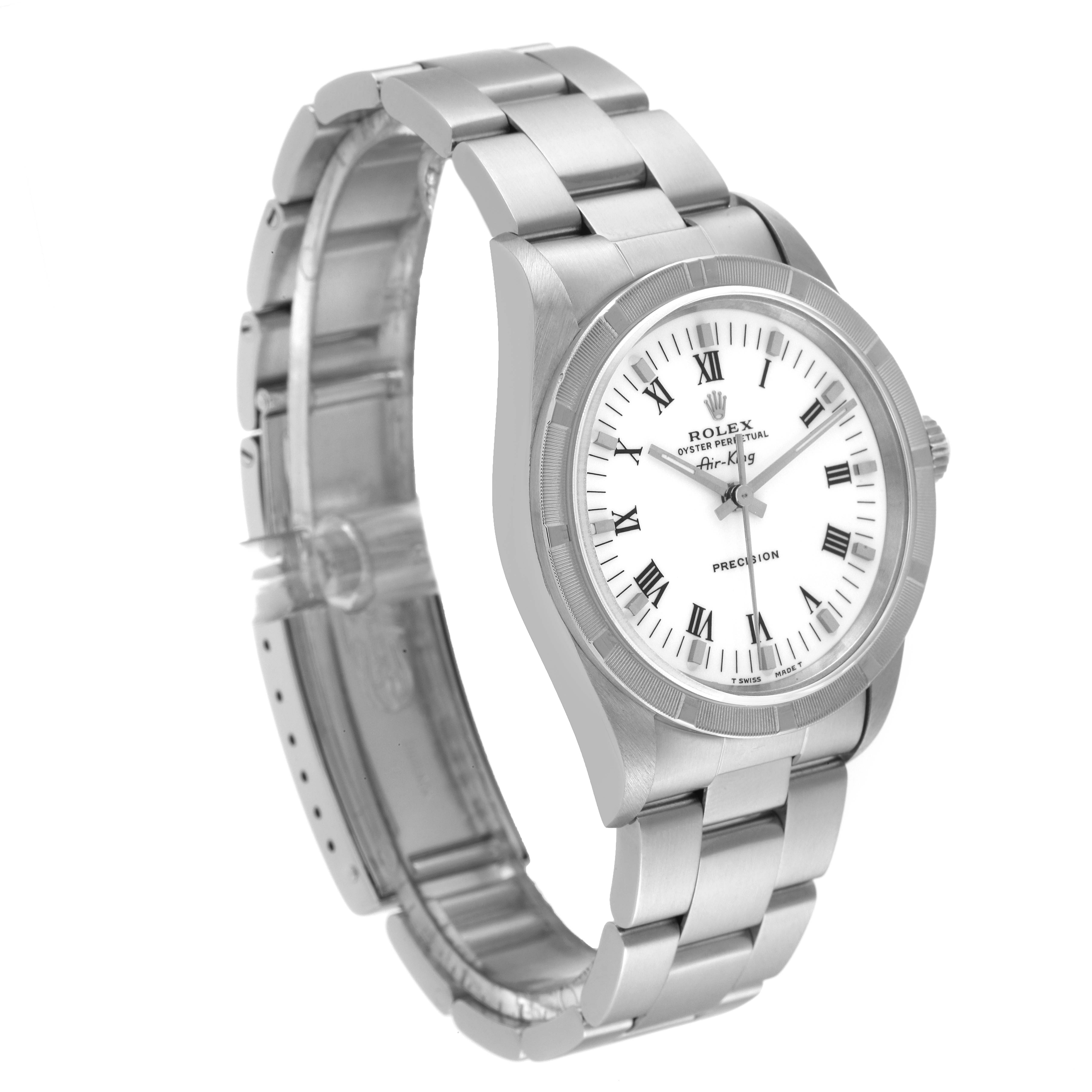 The image shows a Rolex Air-King 14010 Men's Stainless Steel White Dial 14010 Men's Stainless Steel White Dial watch at an angle displaying the face and stainless steel bracelet clearly.
