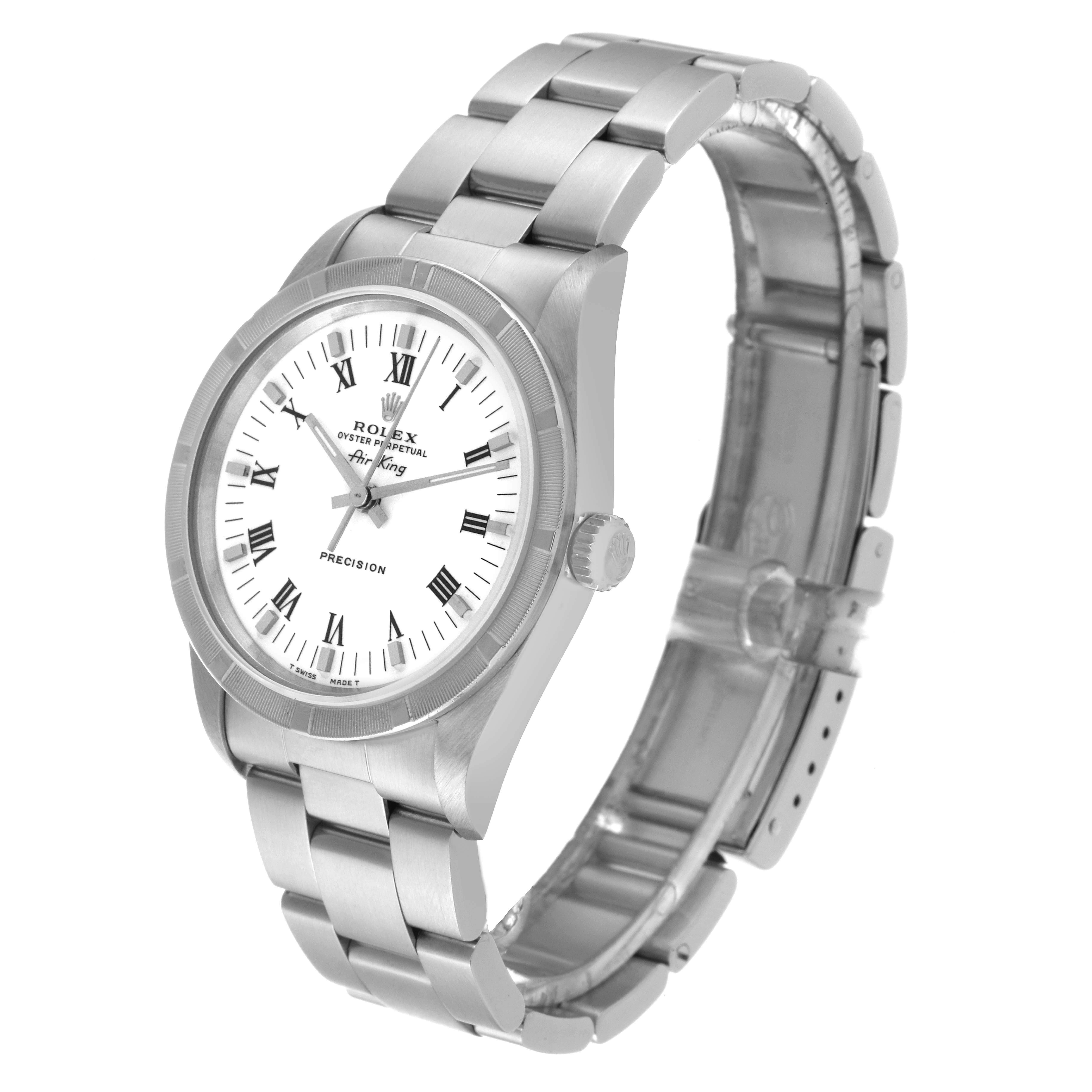 The image shows a Rolex Air-King 14010 Men's Stainless Steel White Dial 14010 Men's Stainless Steel White Dial watch at a three-quarter angle, highlighting the face, bracelet, and clasp.