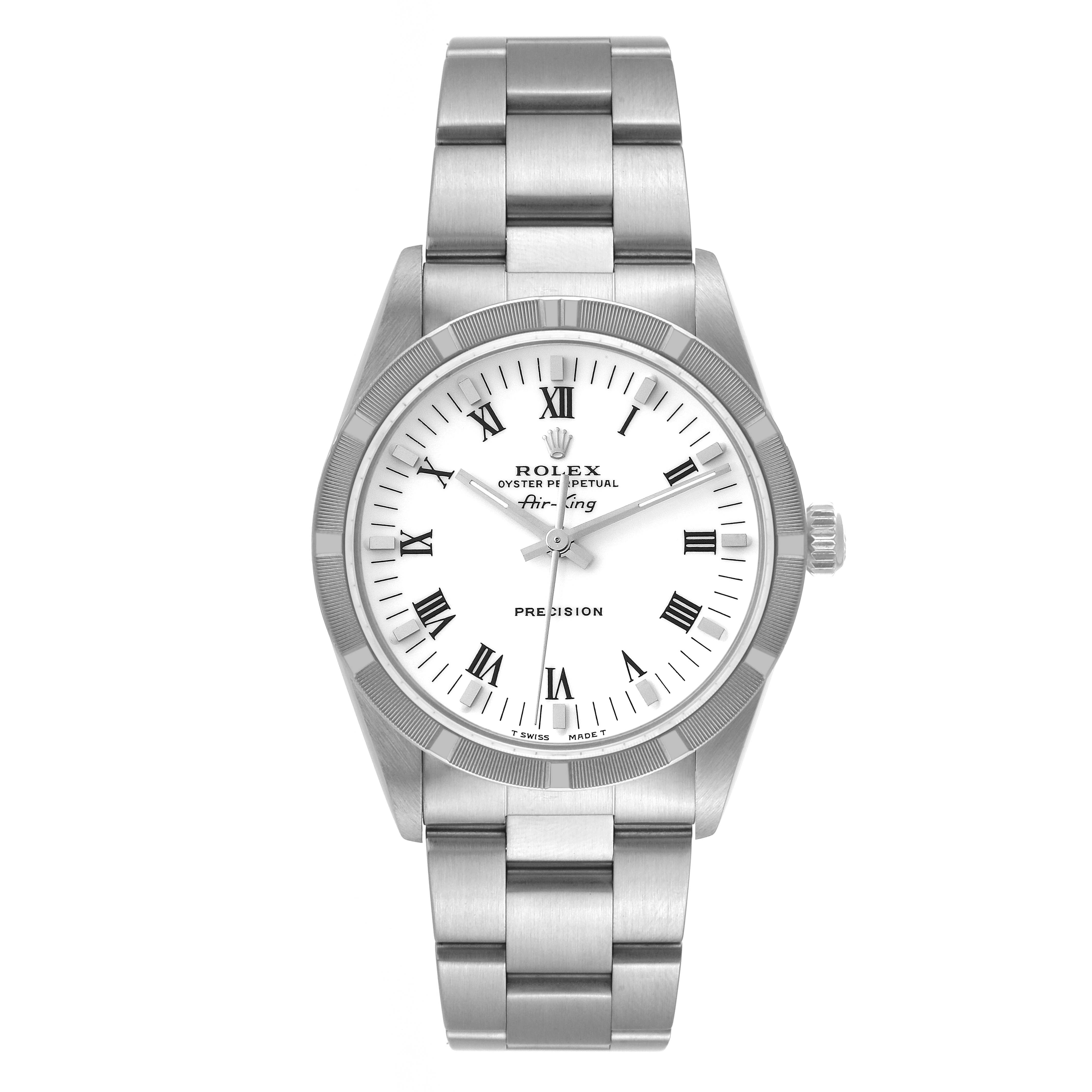 The image shows a front view of the Rolex Air-King 14010 Men's Stainless Steel White Dial 14010 Men's Stainless Steel White Dial watch, displaying the face, bezel, and bracelet.