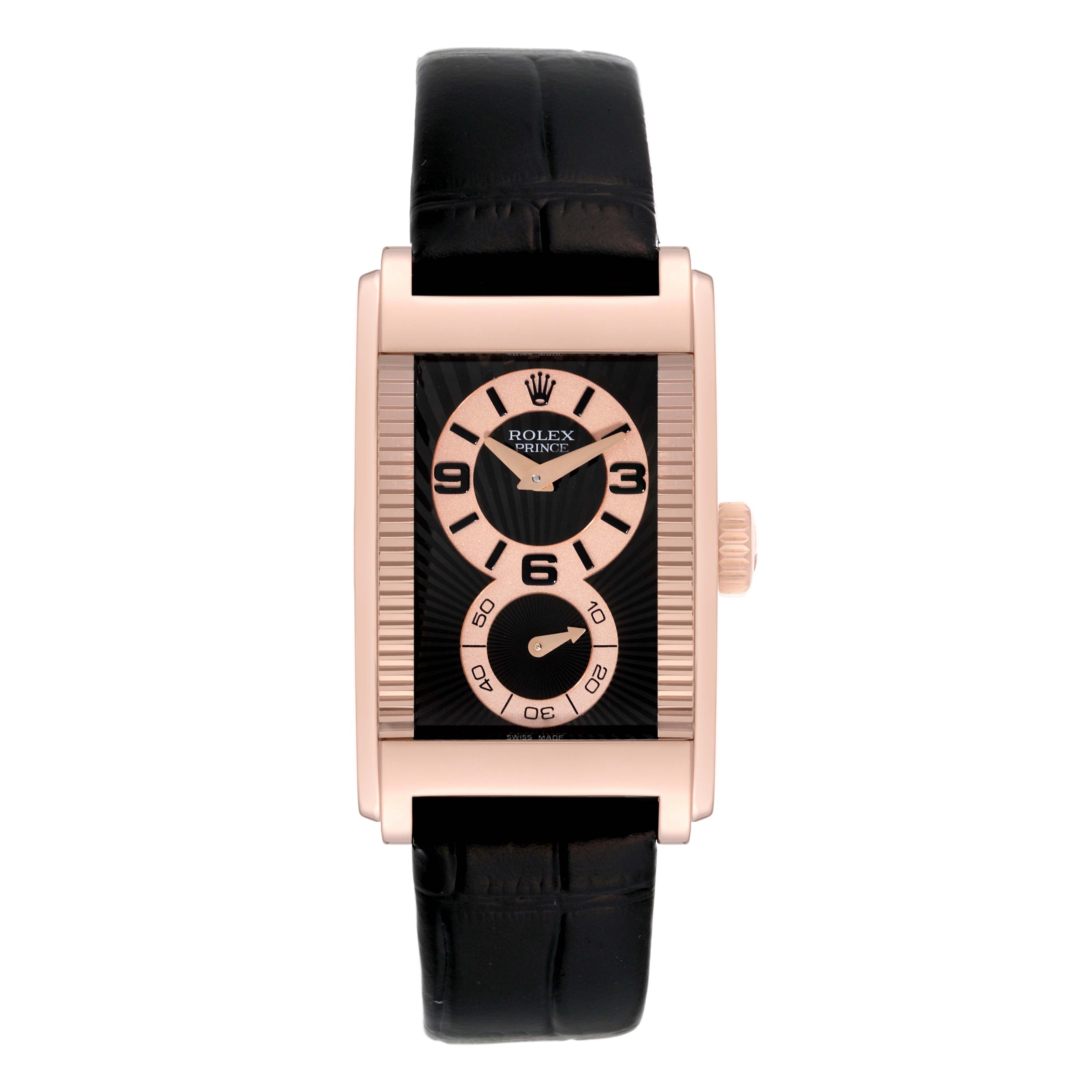 The image shows a front view of a Rolex Cellini 5442/5 Men's Rose Gold Black Dial 5442/5 Men's Rose Gold Black Dial watch with a leather strap and gold rectangular case.