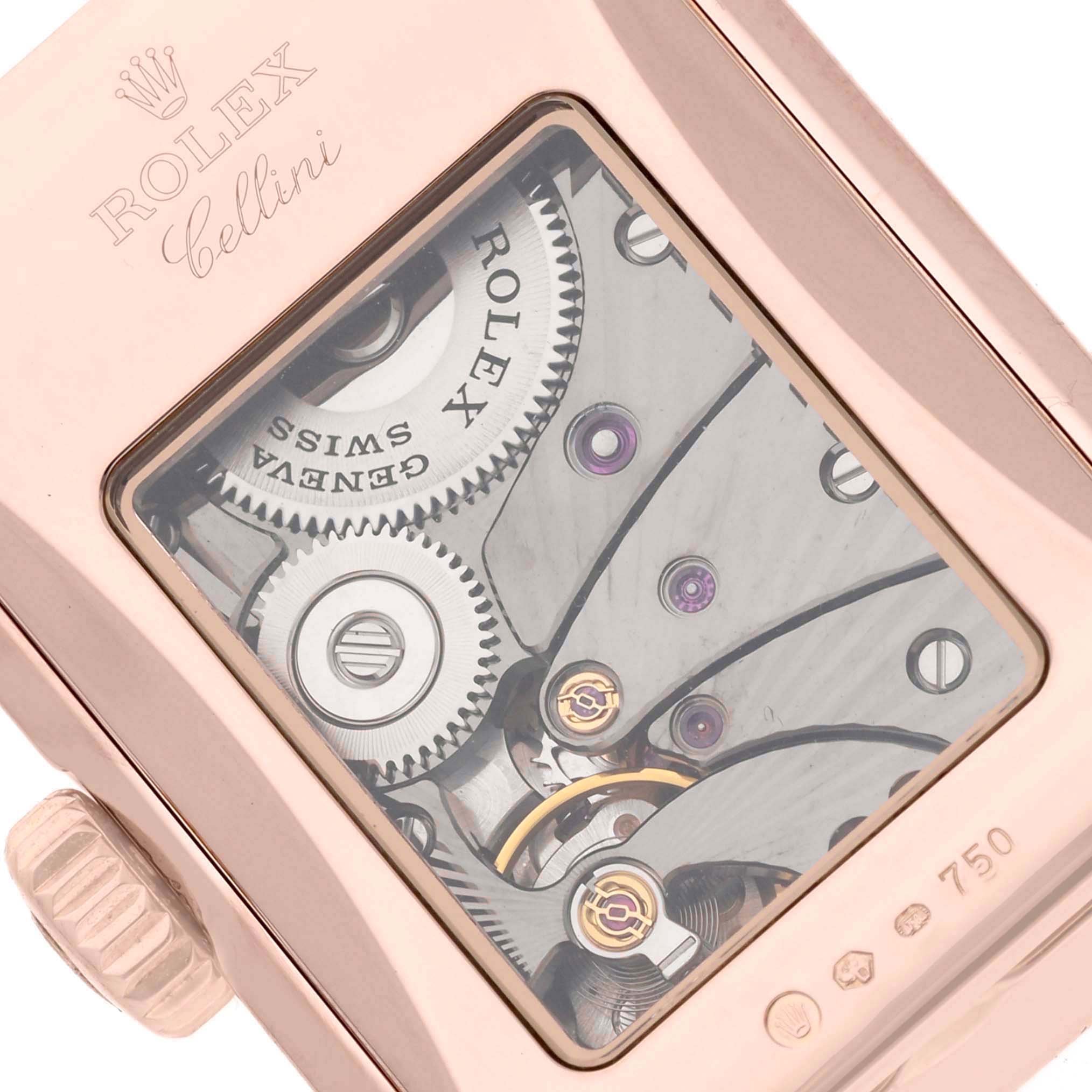 The image shows the back of a Rolex Cellini 5442/5 Men's Rose Gold Black Dial 5442/5 Men's Rose Gold Black Dial watch, highlighting its inner mechanical components.