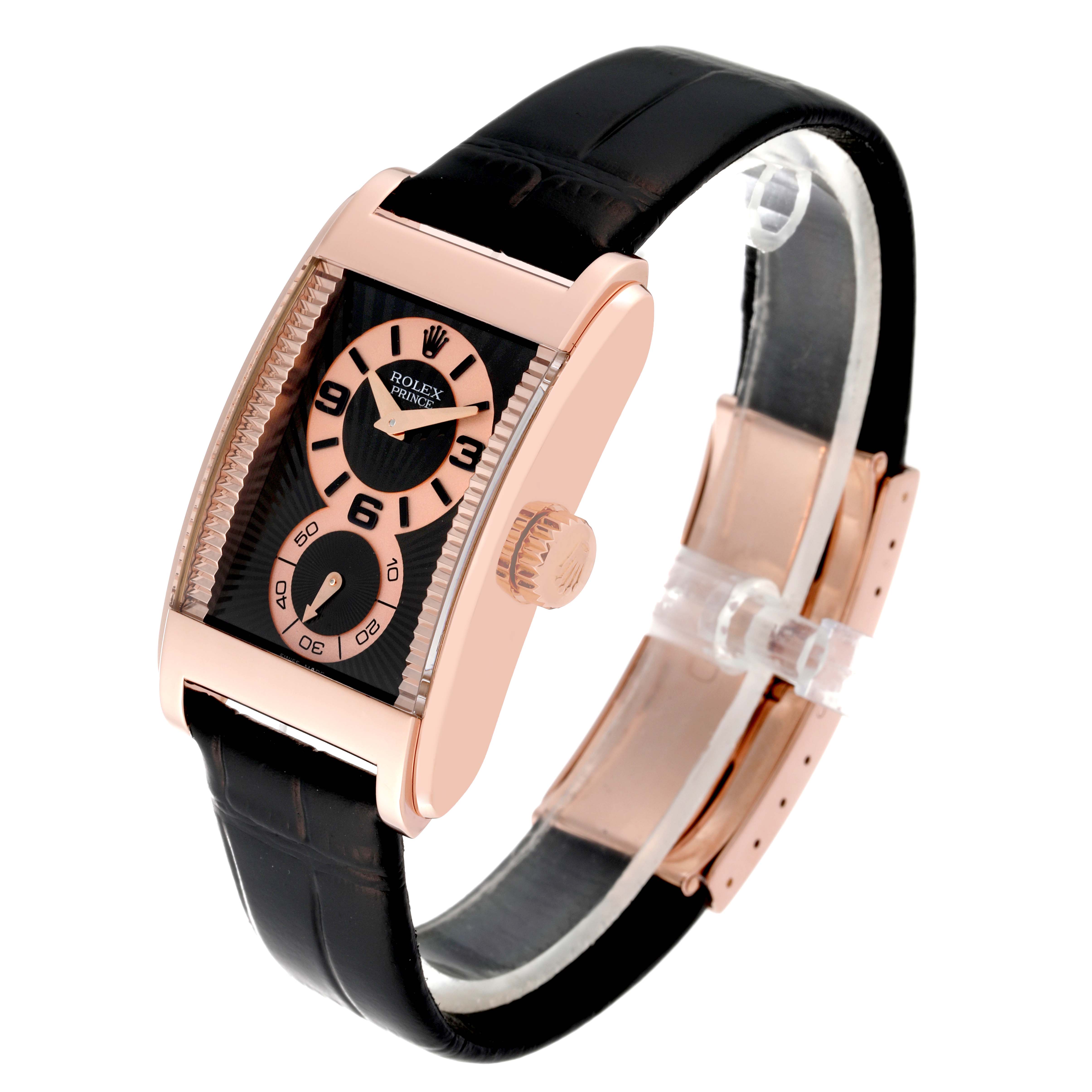 This image shows a Rolex Cellini 5442/5 Men's Rose Gold Black Dial 5442/5 Men's Rose Gold Black Dial model watch at a slight angle, highlighting its black leather strap, rose gold case, and rectangular black dial.