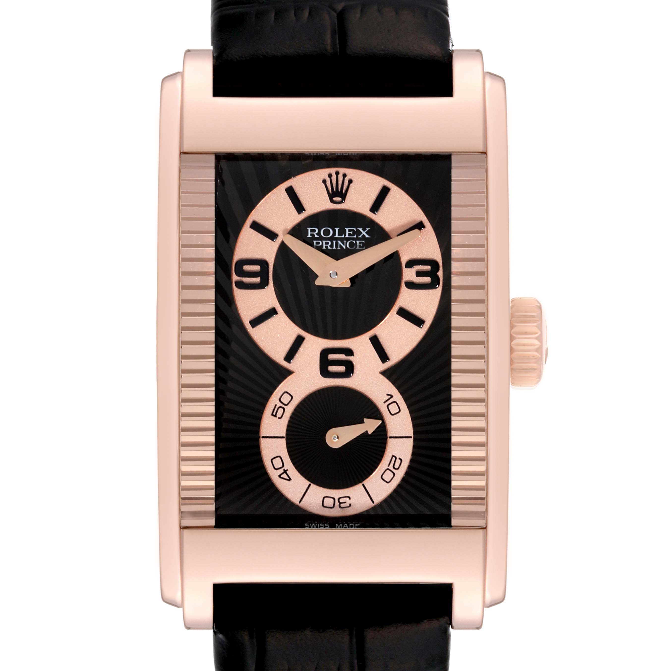 The image shows a close-up view of a Rolex Cellini 5442/5 Men's Rose Gold Black Dial 5442/5 Men's Rose Gold Black Dial Prince watch, highlighting its dial, hands, and crown.