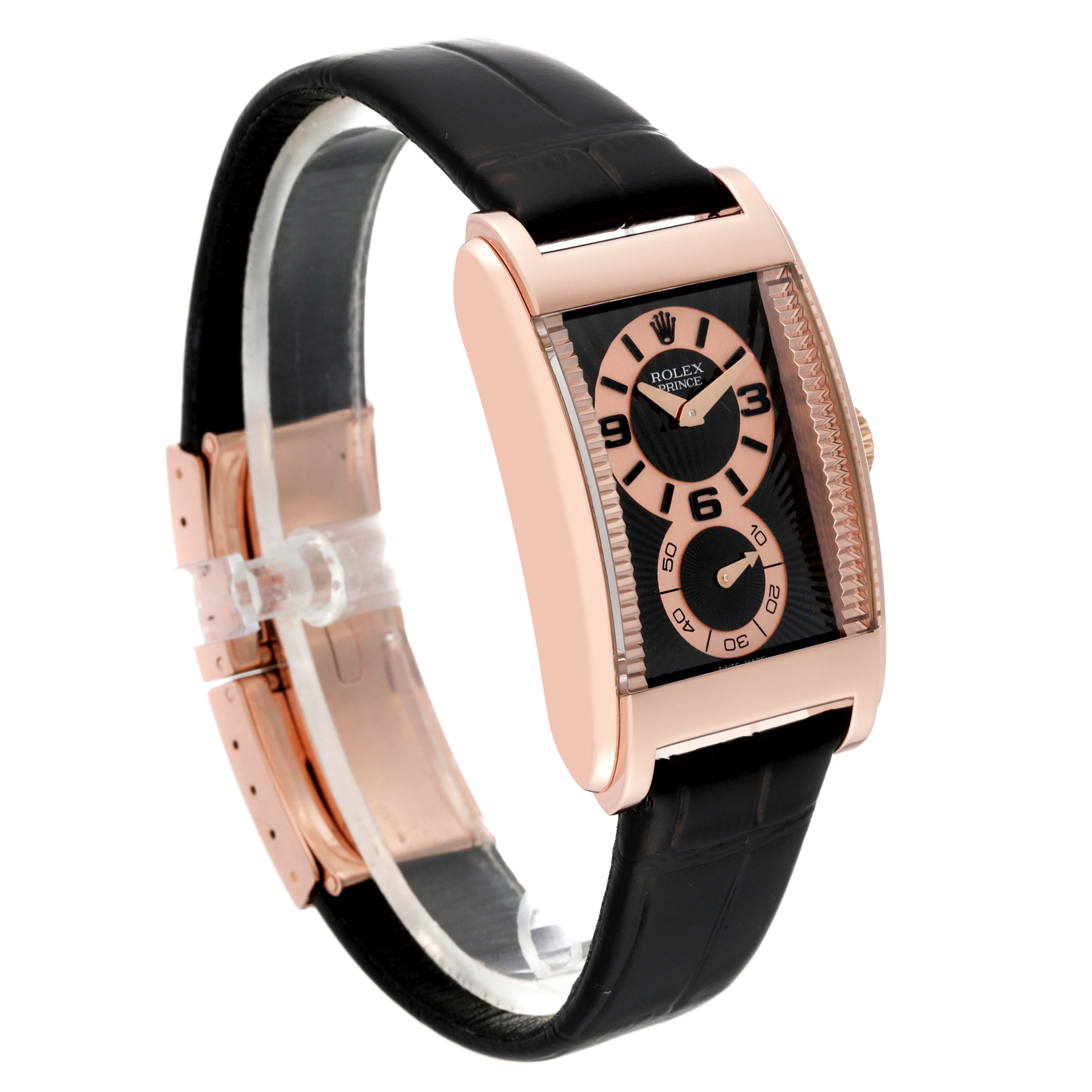 The image shows a front angled view of a Rolex Cellini 5442/5 Men's Rose Gold Black Dial 5442/5 Men's Rose Gold Black Dial Prince watch with a black leather strap and rose gold case.