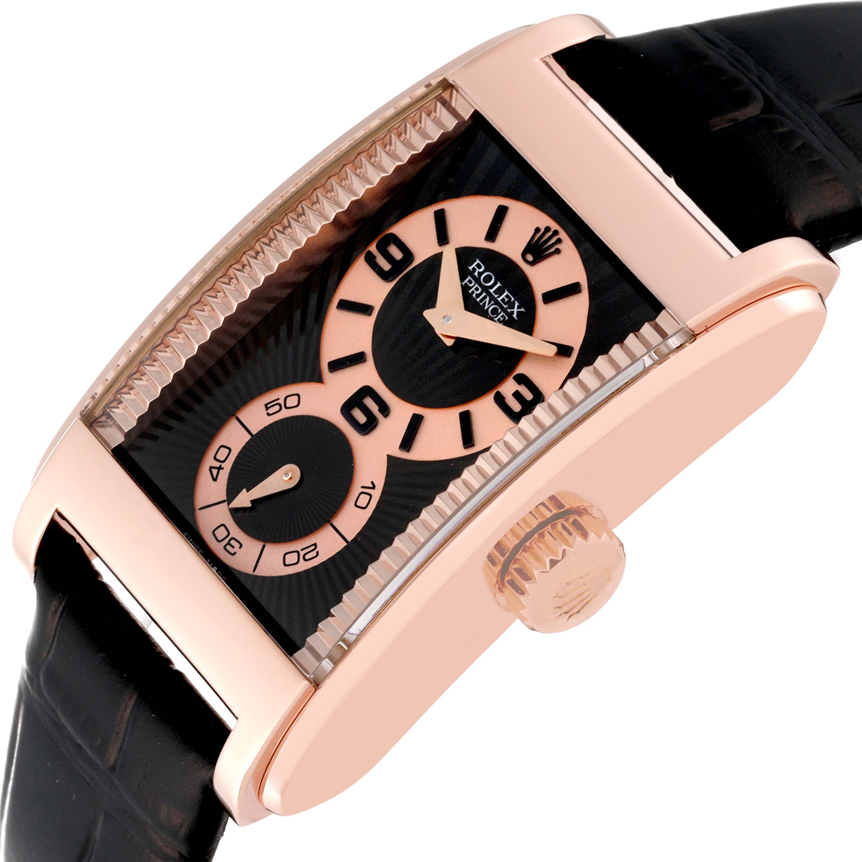 This image shows a side-angle view of the Rolex Cellini 5442/5 Men's Rose Gold Black Dial 5442/5 Men's Rose Gold Black Dial watch, highlighting the case, crown, dial, and strap.