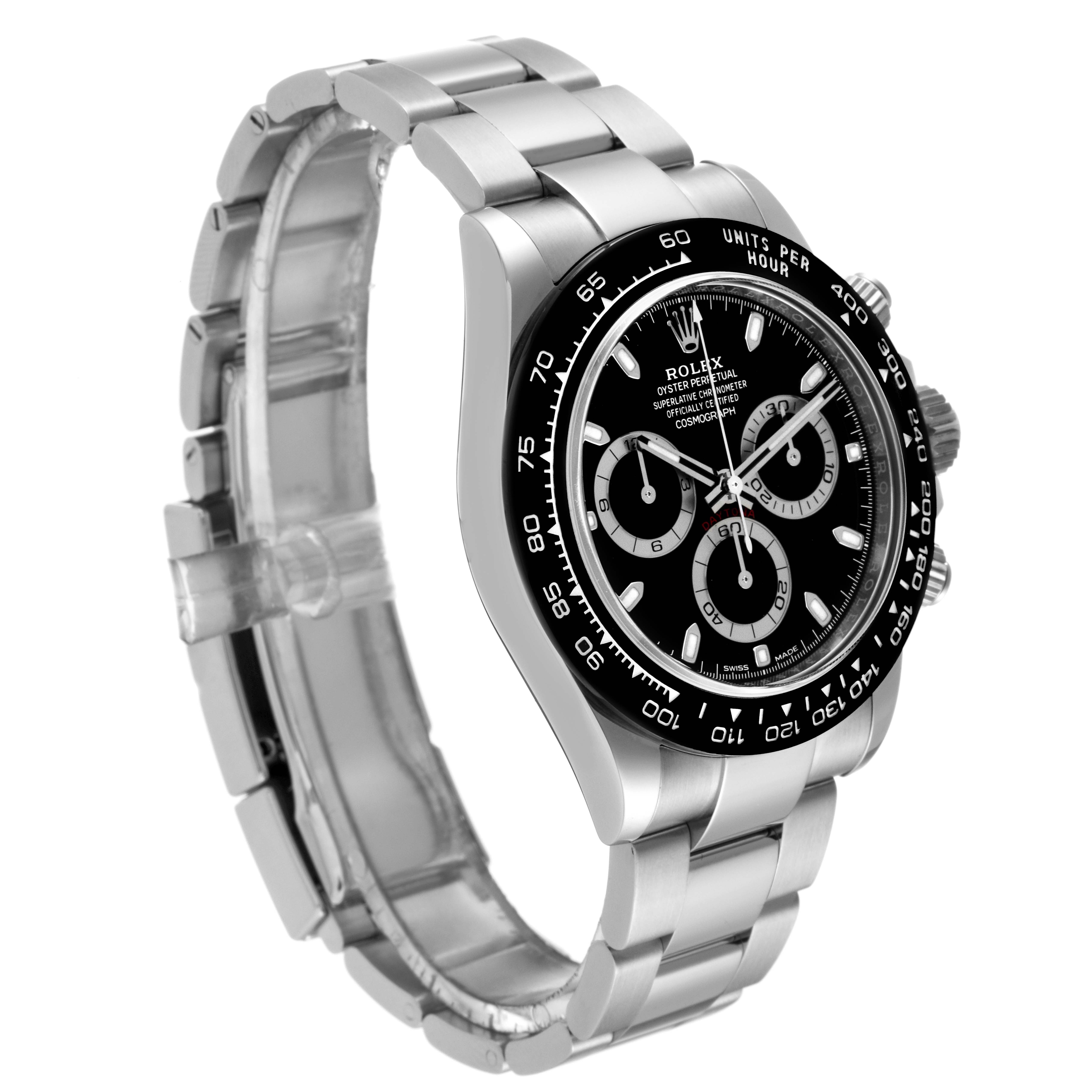 The Rolex Daytona 116500 Men
s Stainless Steel Black Dial 116500 Men
s Stainless Steel Black Dial watch is shown from a slight side angle, featuring its black dial, bezel, and metal bracelet band.