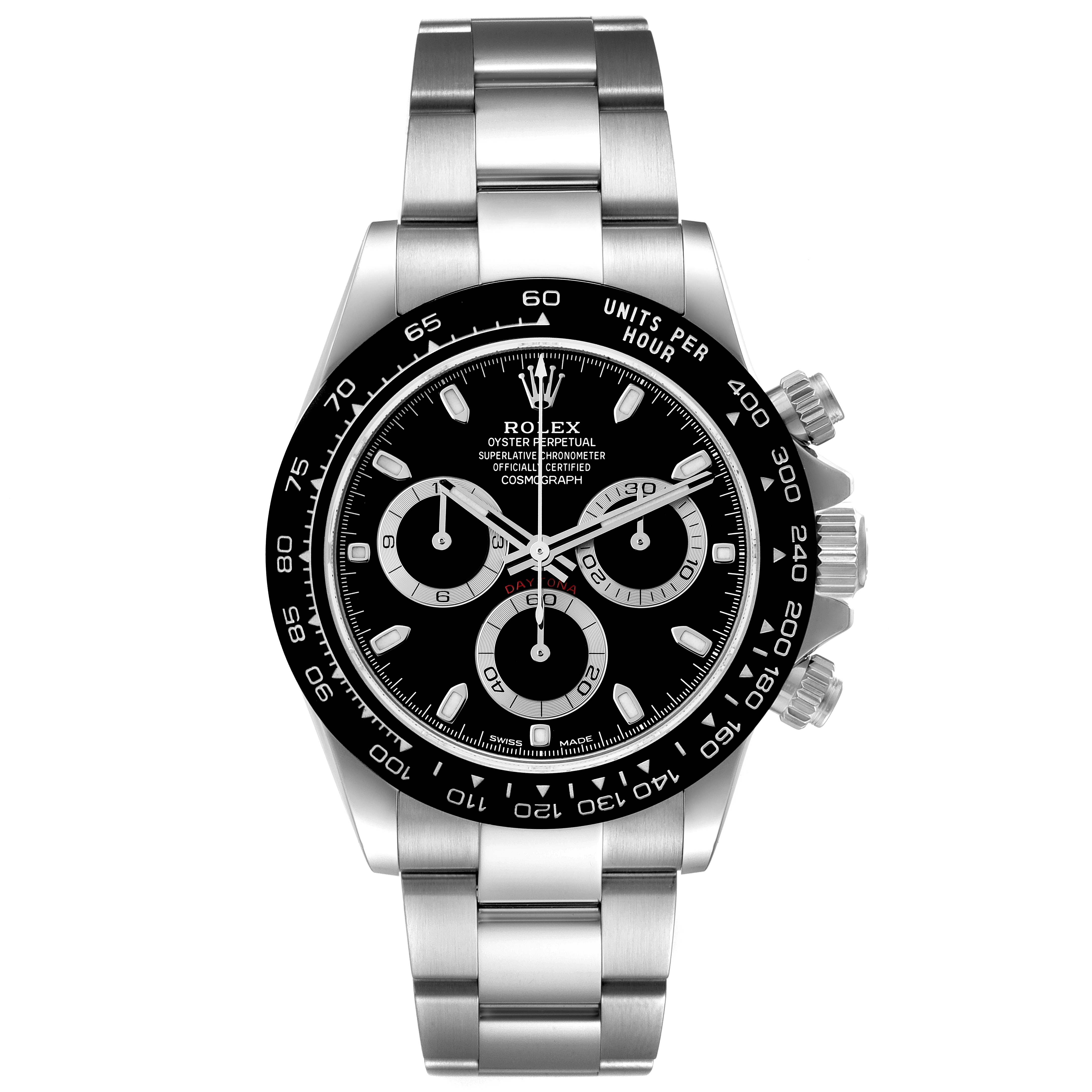 The image shows a front view of the Rolex Daytona 116500 Men
s Stainless Steel Black Dial 116500 Men
s Stainless Steel Black Dial watch, highlighting its dial, bezel, and bracelet.