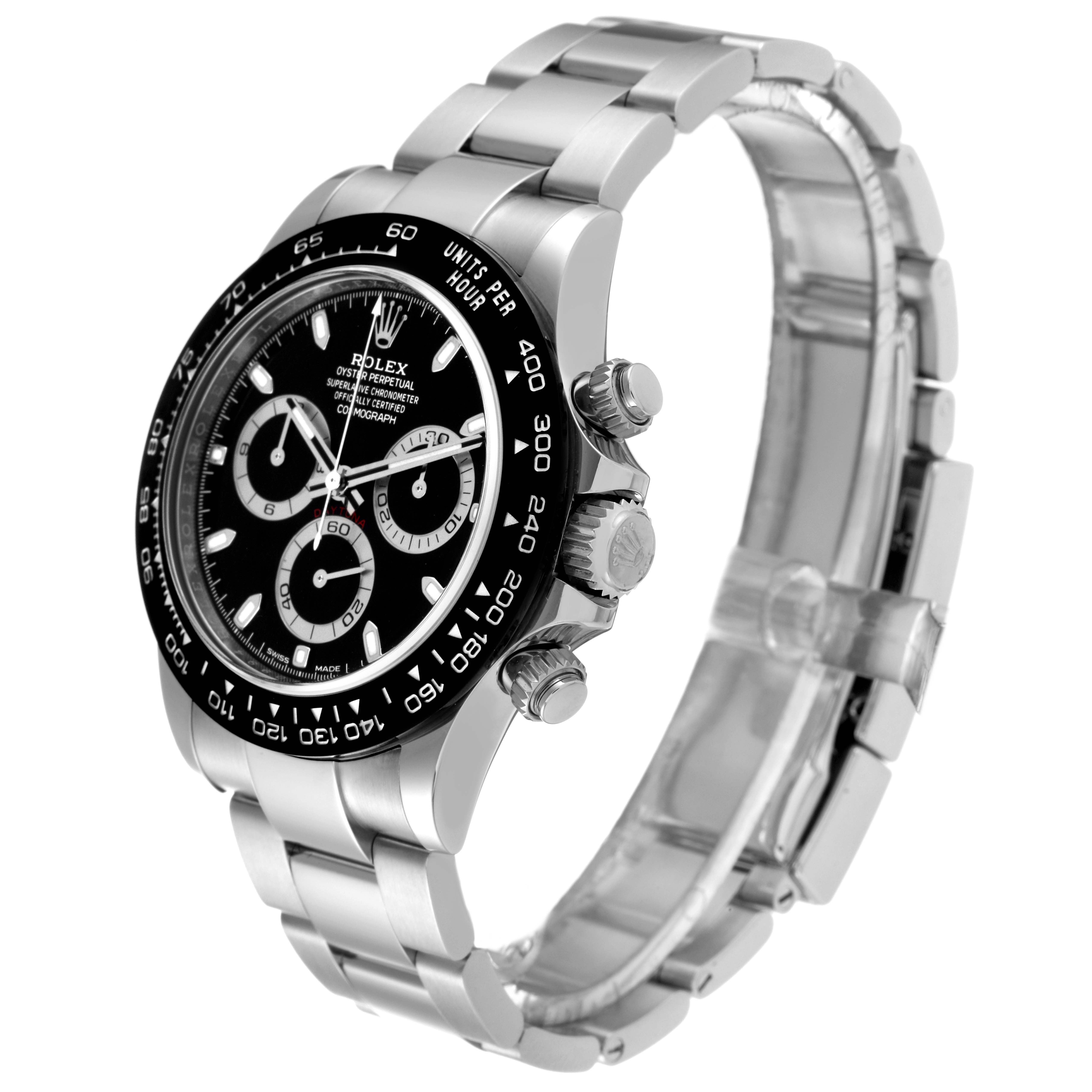 The Rolex Daytona 116500 Men
s Stainless Steel Black Dial 116500 Men
s Stainless Steel Black Dial watch is shown at an angled view, displaying the dial, bezel, crown, and bracelet.