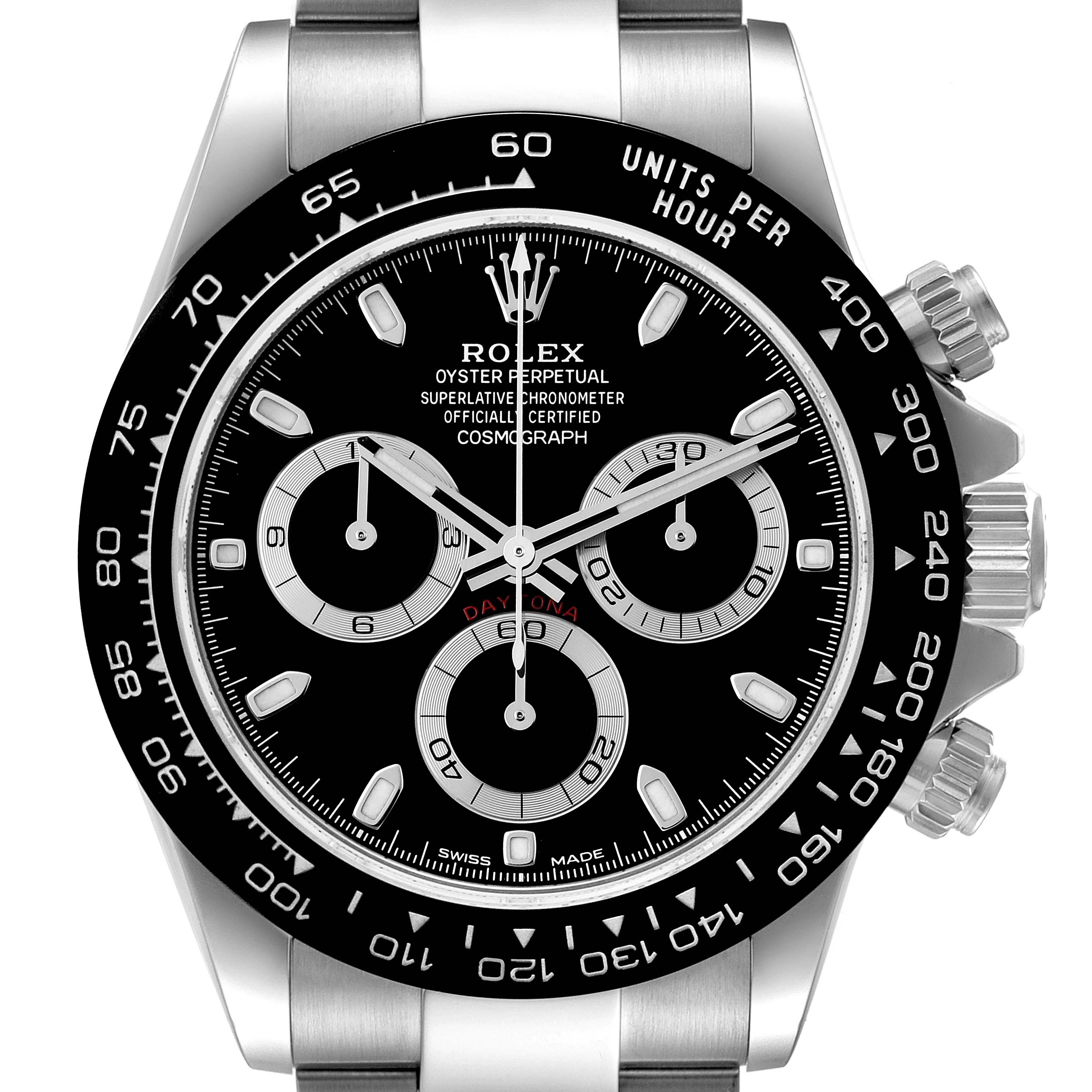 This image shows a frontal view of the dial on a Rolex Daytona 116500 Men
s Stainless Steel Black Dial 116500 Men
s Stainless Steel Black Dial watch, including its hands, subdials, bezel, and crown.