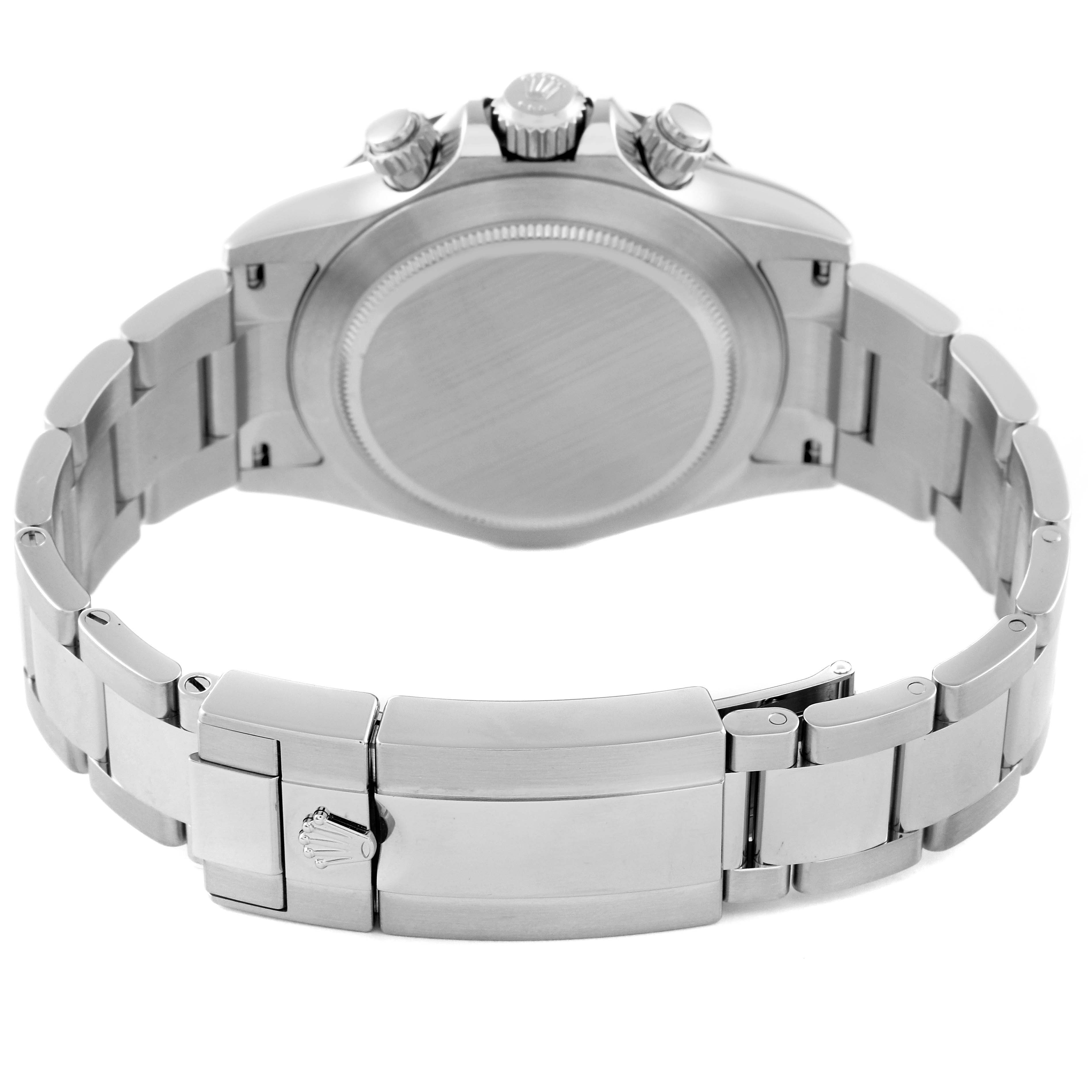 This image shows the back view of a Rolex Daytona 116500 Men
s Stainless Steel Black Dial 116500 Men
s Stainless Steel Black Dial watch, highlighting its clasp, bracelet, and case back.