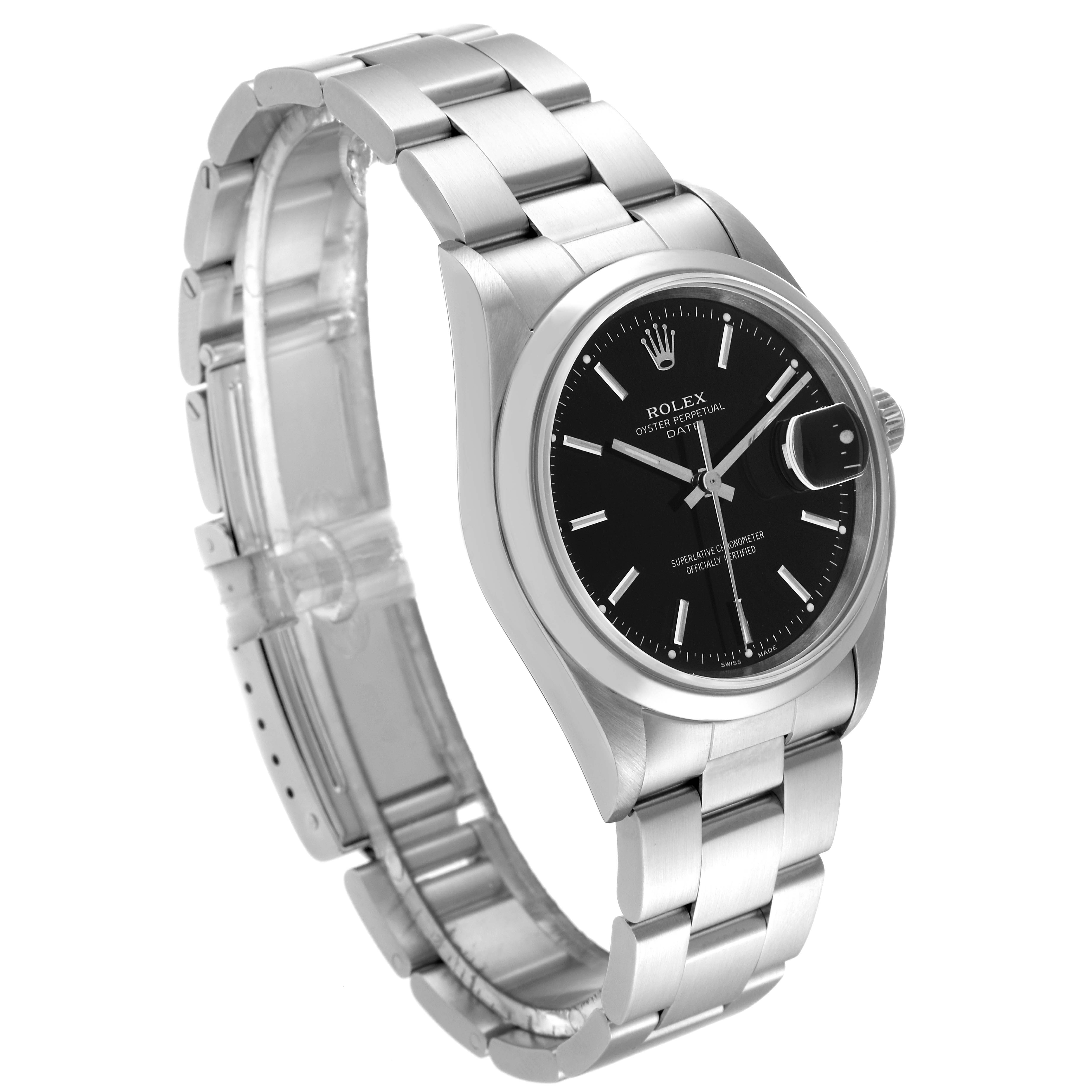 This image shows a Rolex Date 15200 Men's Stainless Steel Black Dial 15200 Men's Stainless Steel Black Dial model watch at an angled side view, highlighting the bracelet, bezel, and face.