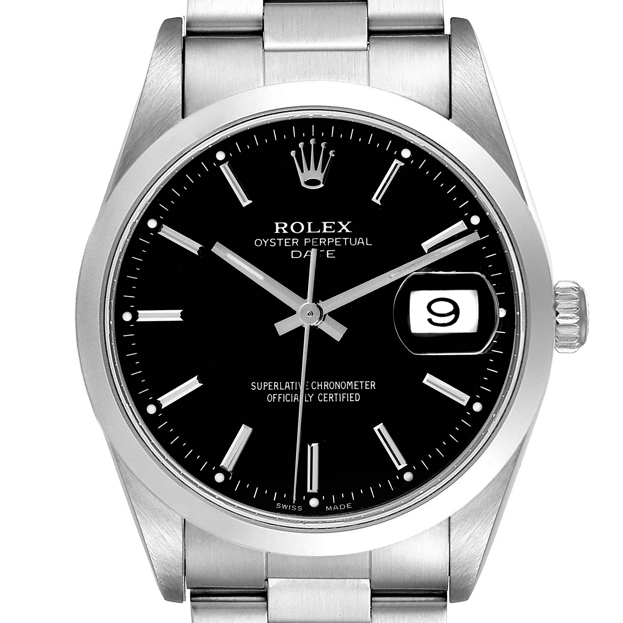 The image shows a front view of the Rolex Date 15200 Men's Stainless Steel Black Dial 15200 Men's Stainless Steel Black Dial model watch, highlighting the black dial, date window, and stainless steel bracelet.